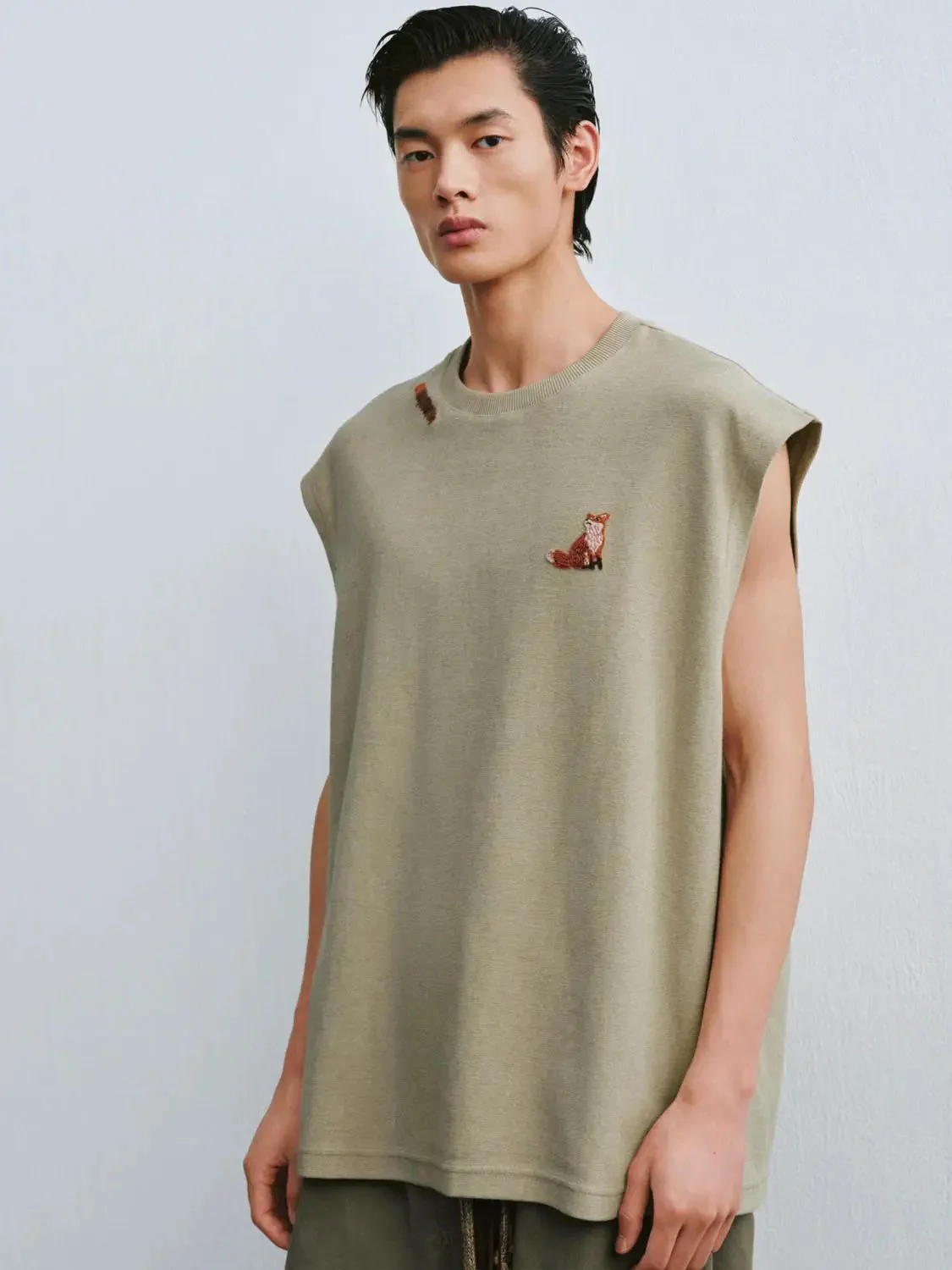 Embroidered Fox Cotton Blend Sleeveless T-Shirts