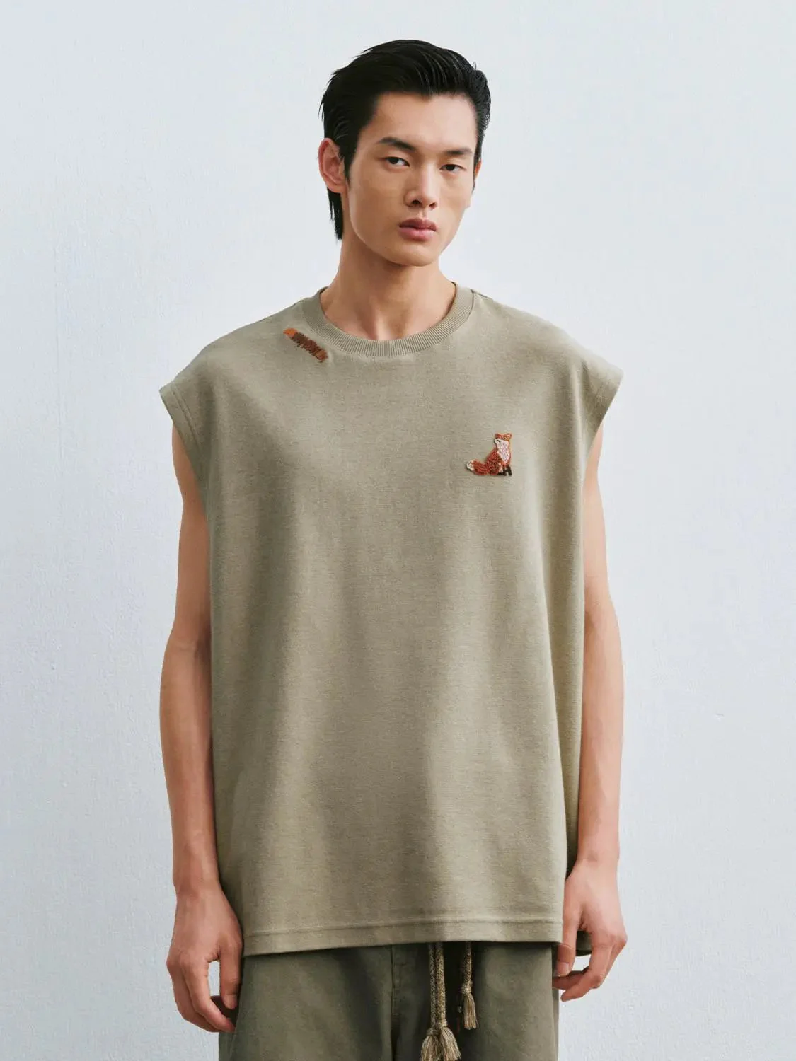 Embroidered Fox Cotton Blend Sleeveless T-Shirts