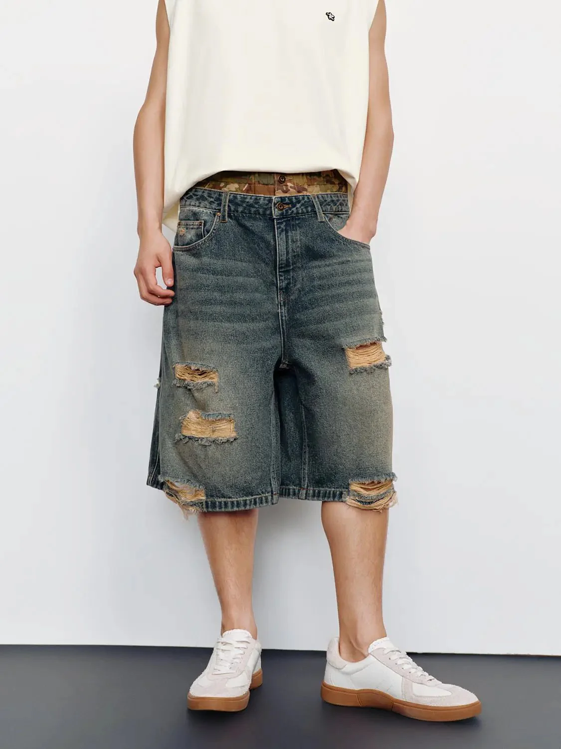 Raw Detail Ripped Panels Denim Shorts