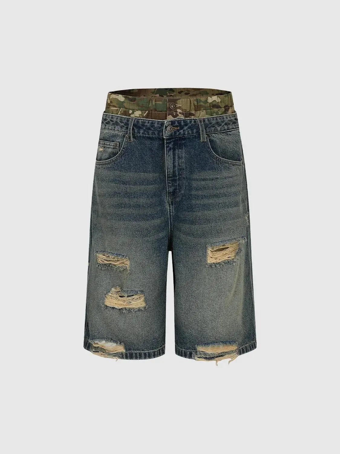 Raw Detail Ripped Panels Denim Shorts
