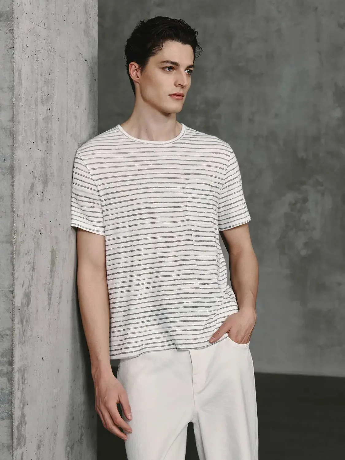 Lightweight Cotton Linen Striped Stretch Knit T-Shirts