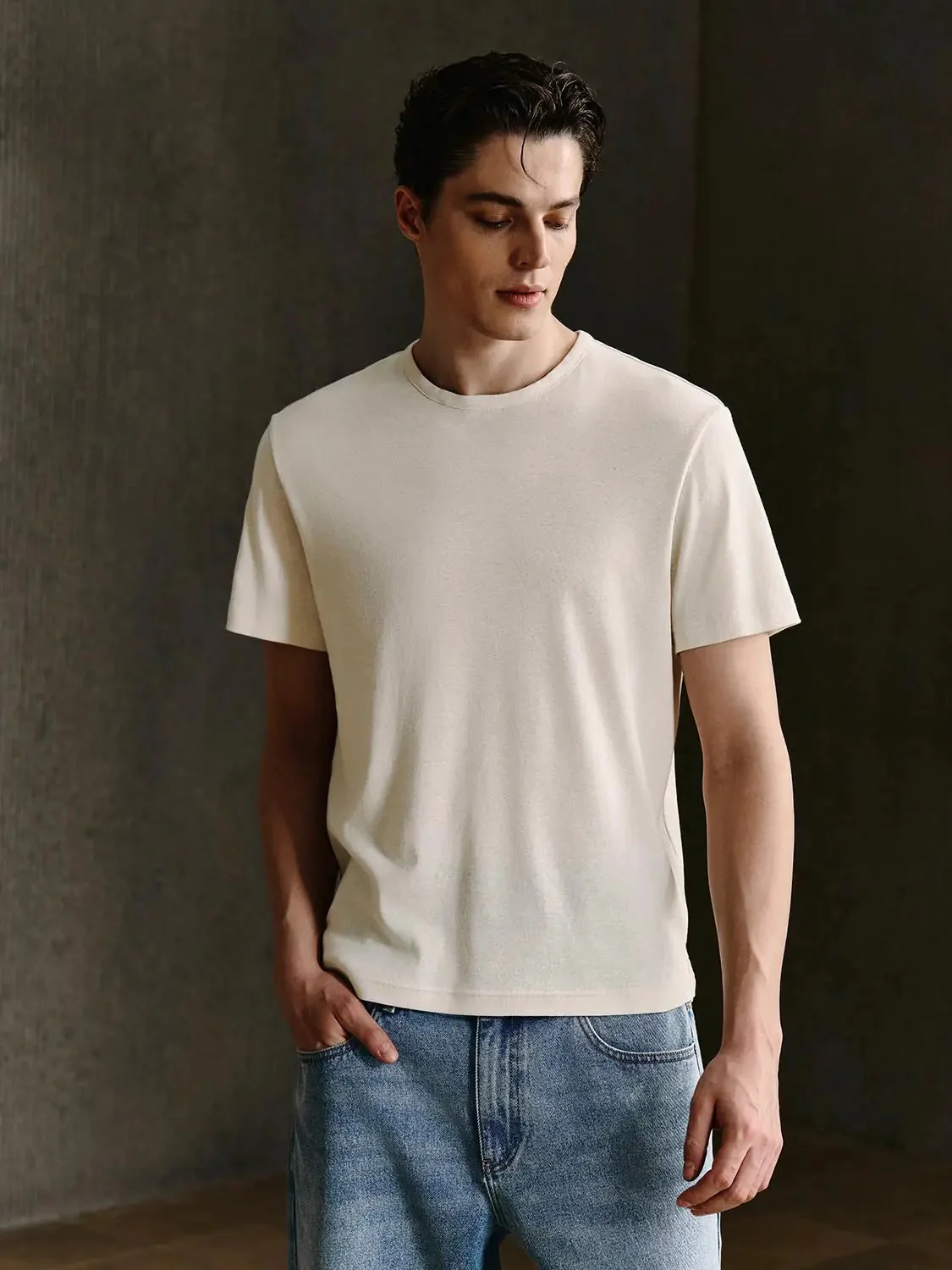 6674-cotton-linen-blend-thin-stretch-plain-t-shirts-1.webp Cotton Linen Blend Thin Stretch Plain T-Shirts