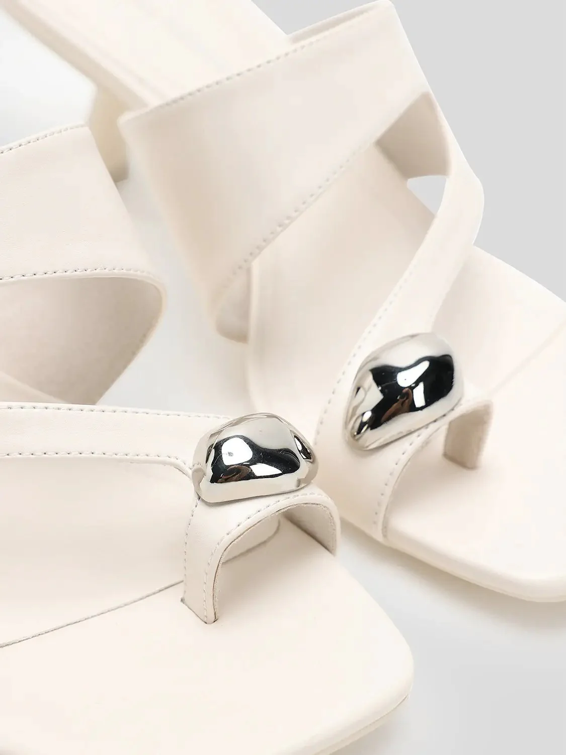 Fabric Upper Strappy Heel Sandals With Metallic Bead Accents