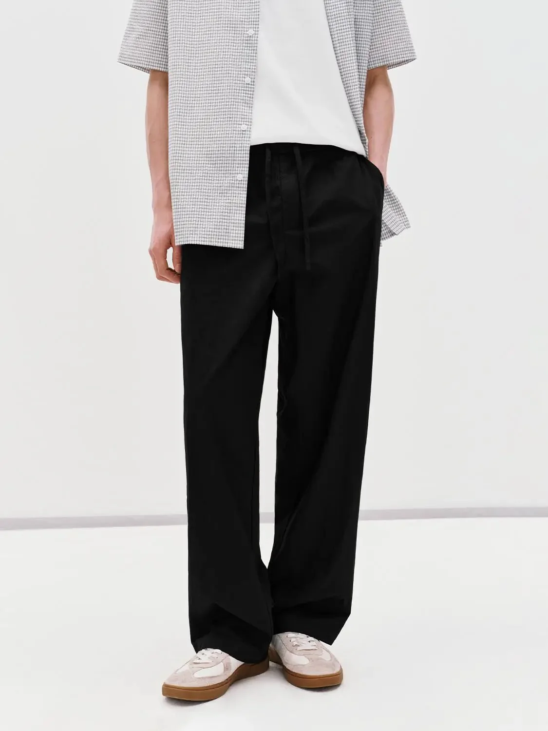 Drawstring Pull On Straight Leg Pants With Slight Stretch