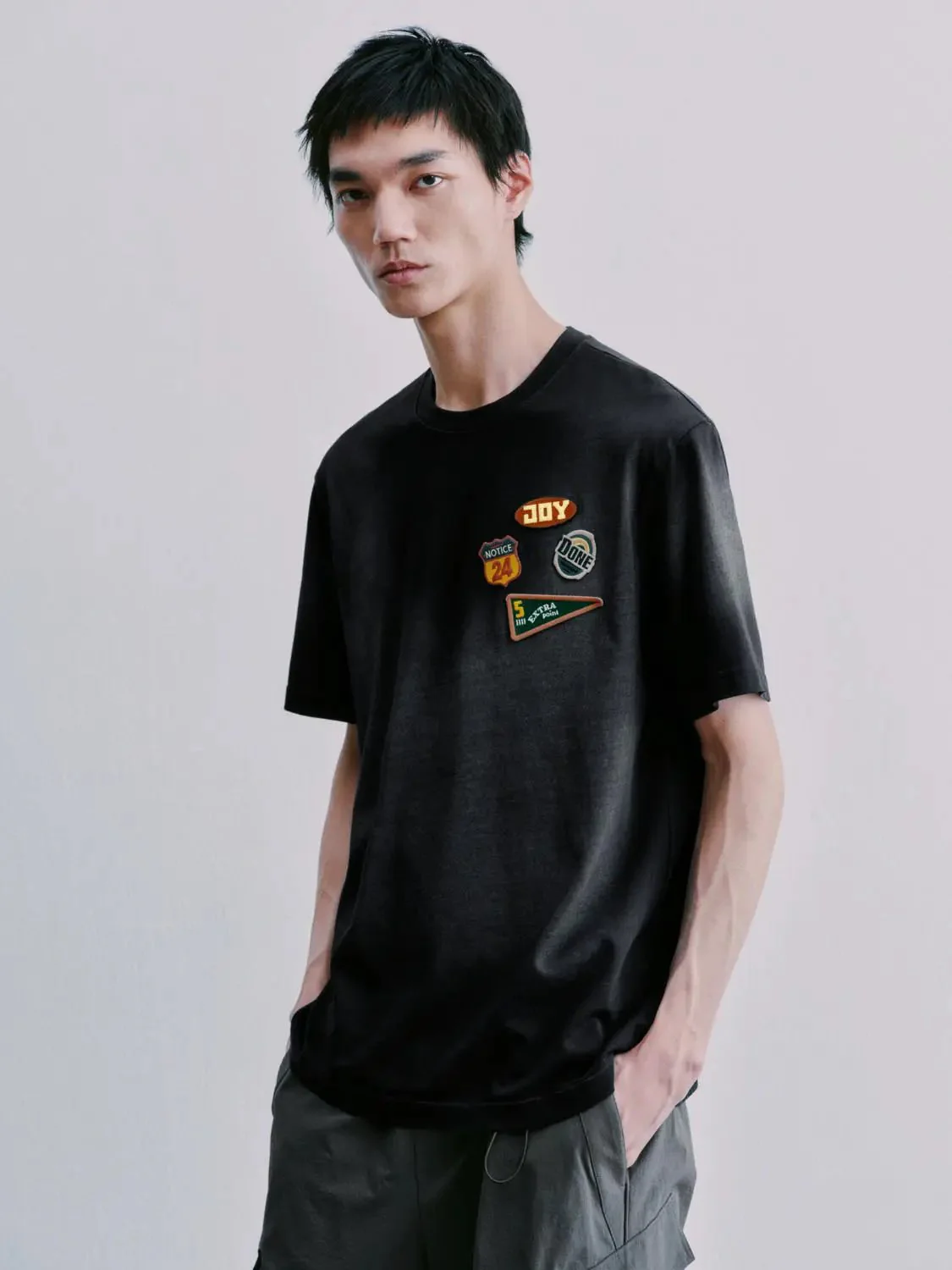 Cotton Embroidered Patchwork Crew Neck Tee