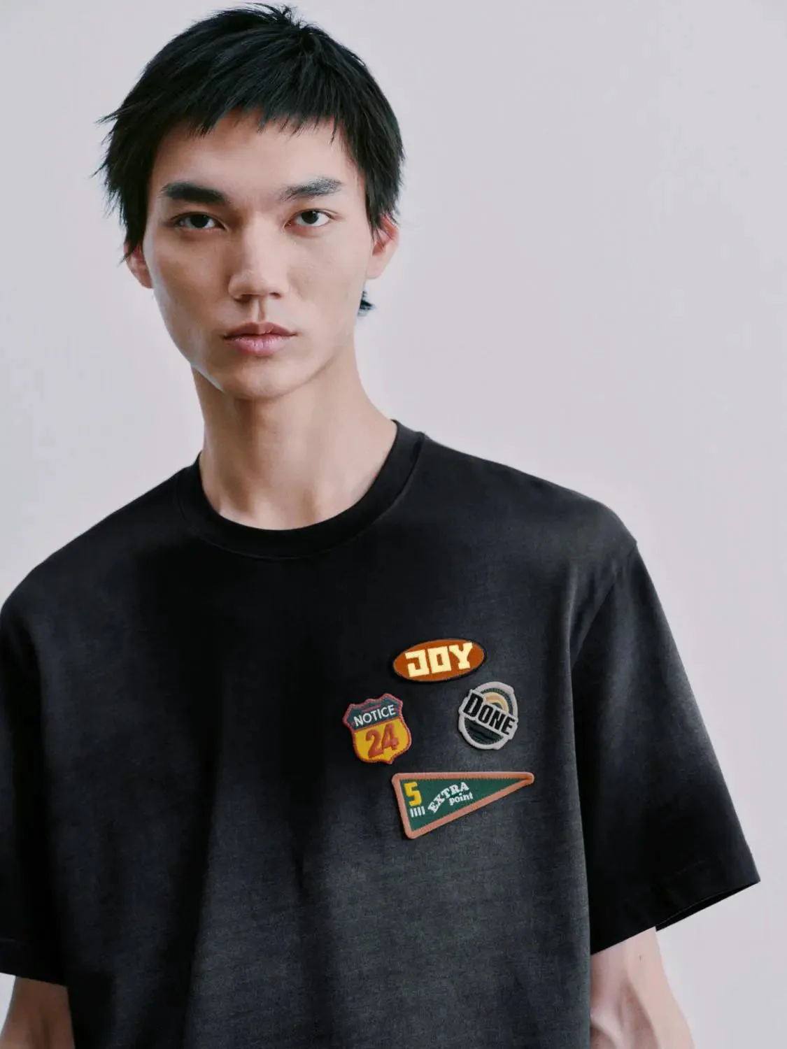 Cotton Embroidered Patchwork Crew Neck Tee