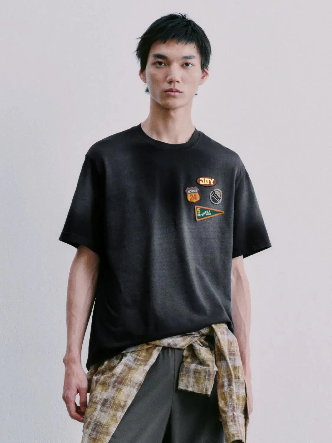 Cotton Embroidered Patchwork Crew Neck Tee