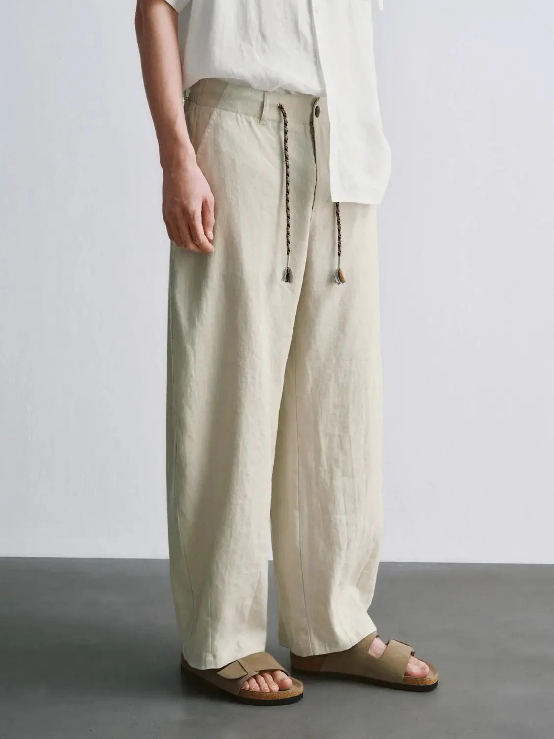 String Belted Barrel Leg Pants