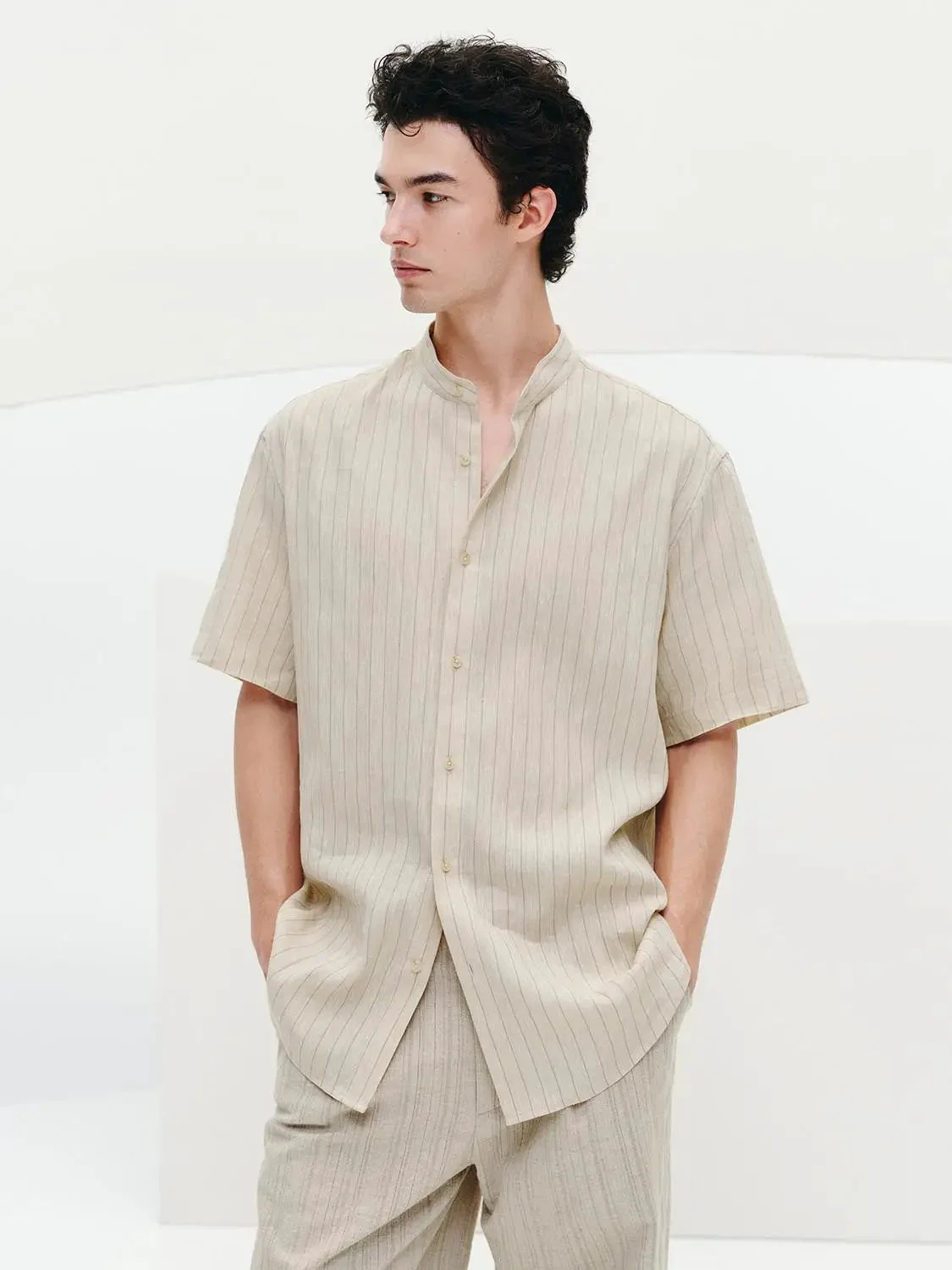 7448-striped-collarless-short-sleeve-shirts-1.webp Striped Collarless Short Sleeve Shirts
