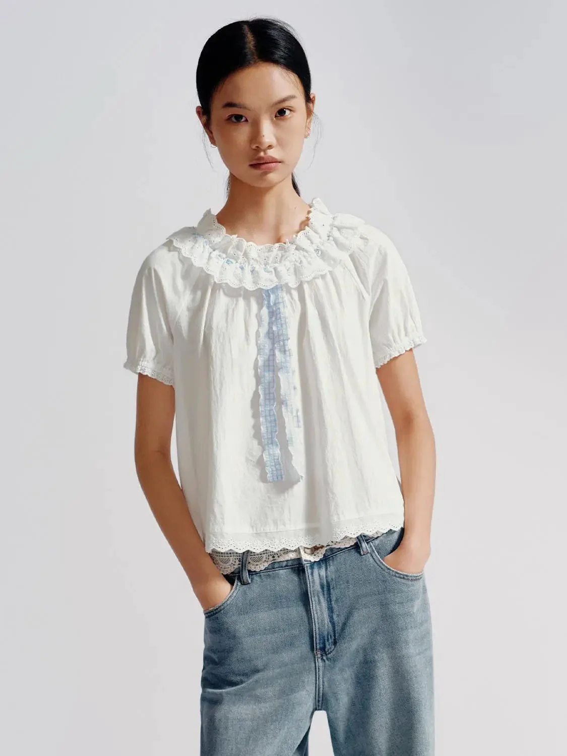 Cotton Lace Trim Ruffle Neck Puff Sleeve Shirts