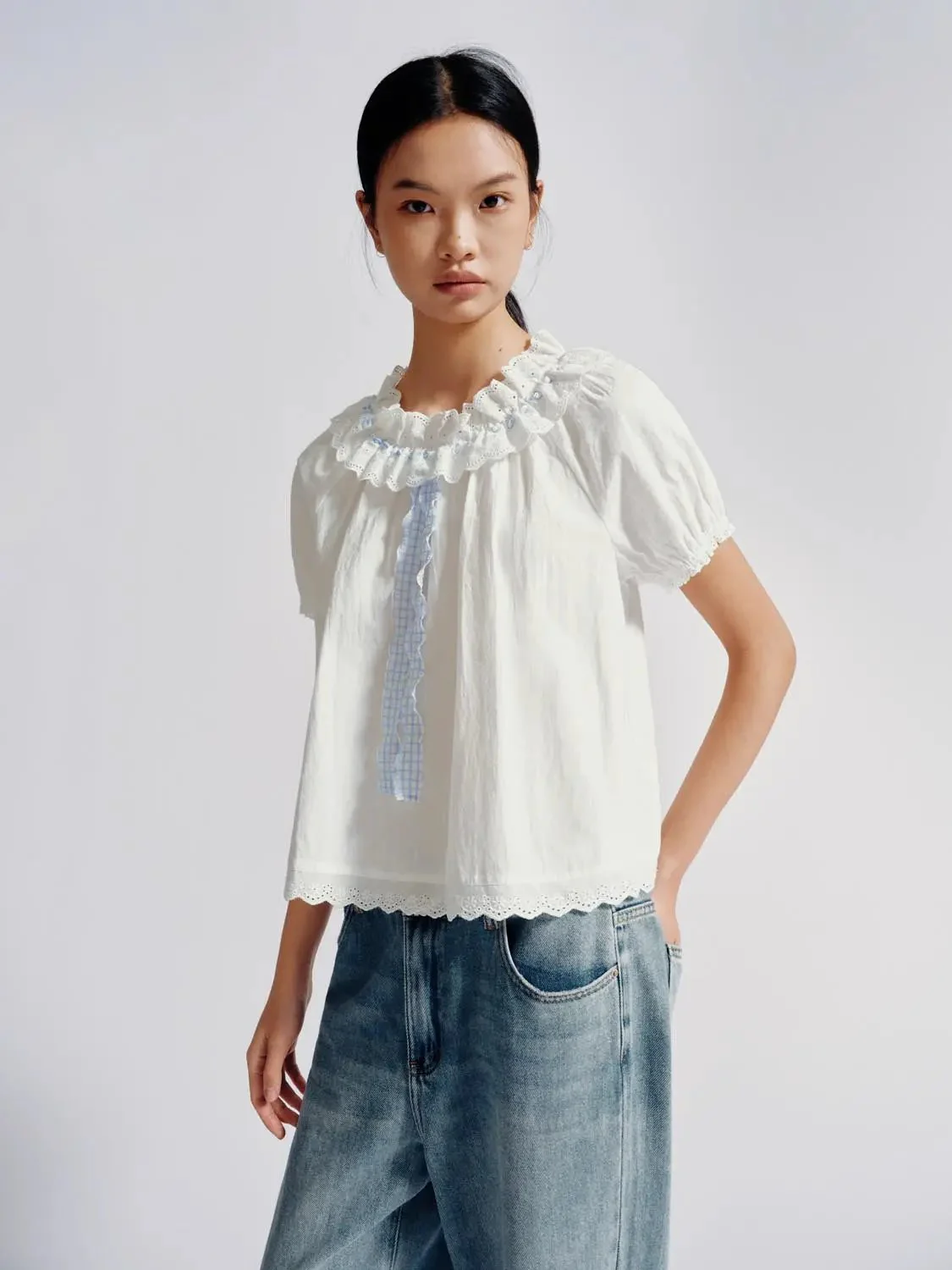 Cotton Lace Trim Ruffle Neck Puff Sleeve Shirts