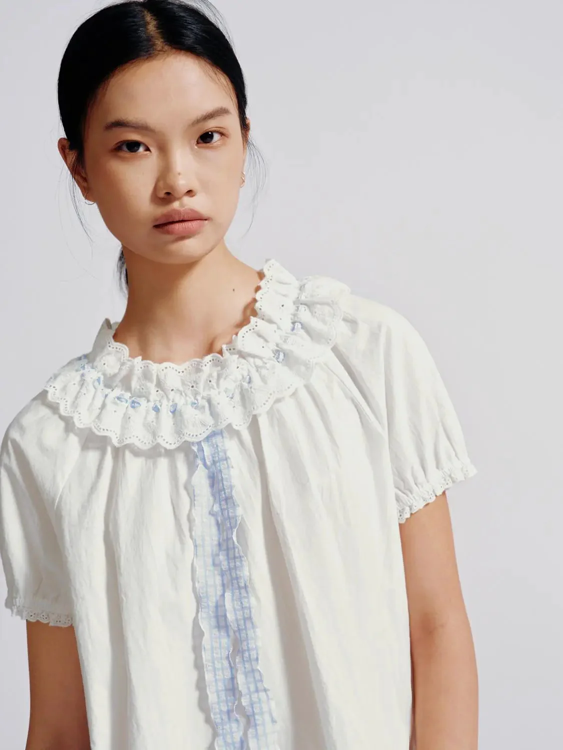 Cotton Lace Trim Ruffle Neck Puff Sleeve Shirts