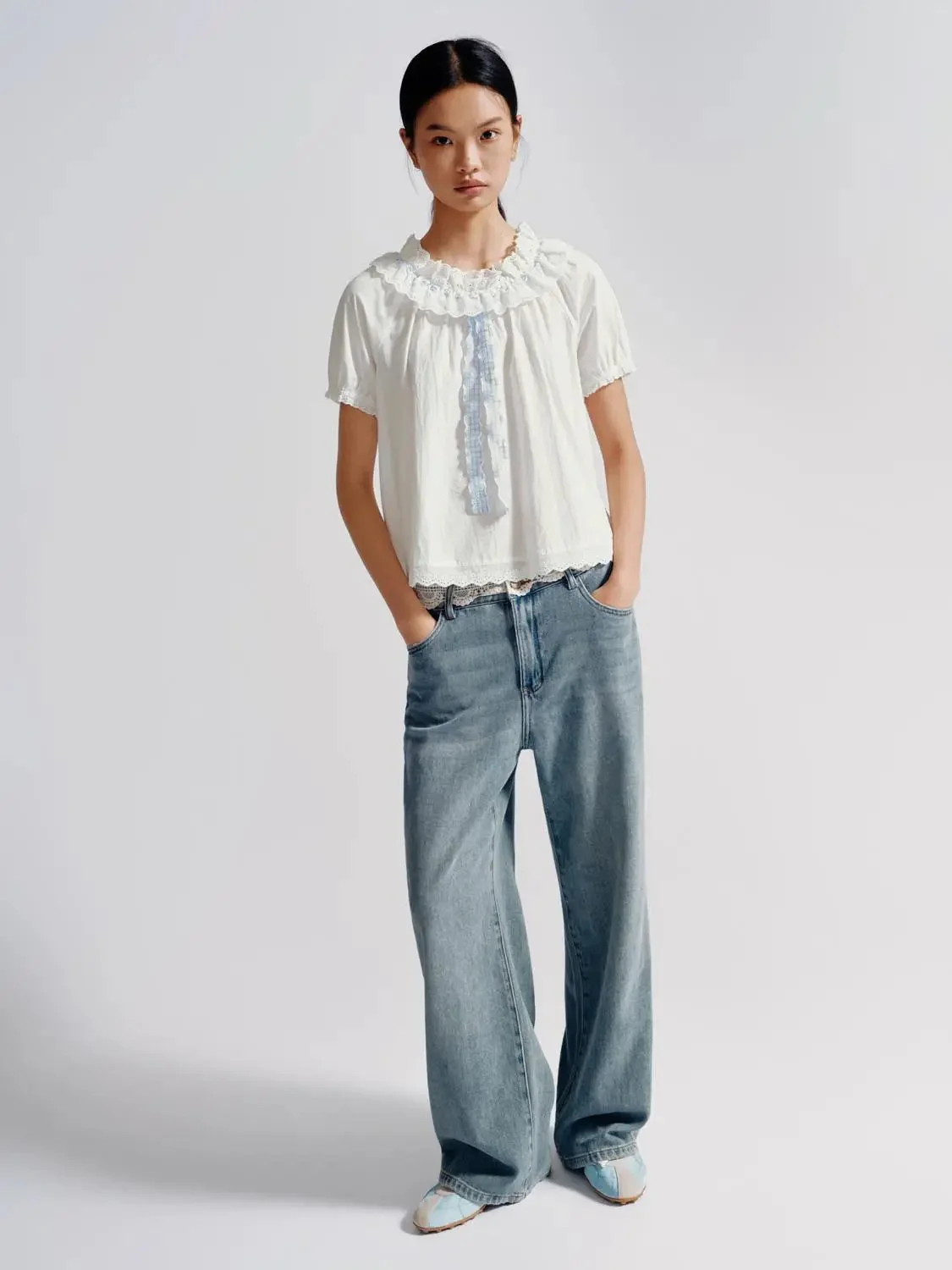 Cotton Lace Trim Ruffle Neck Puff Sleeve Shirts