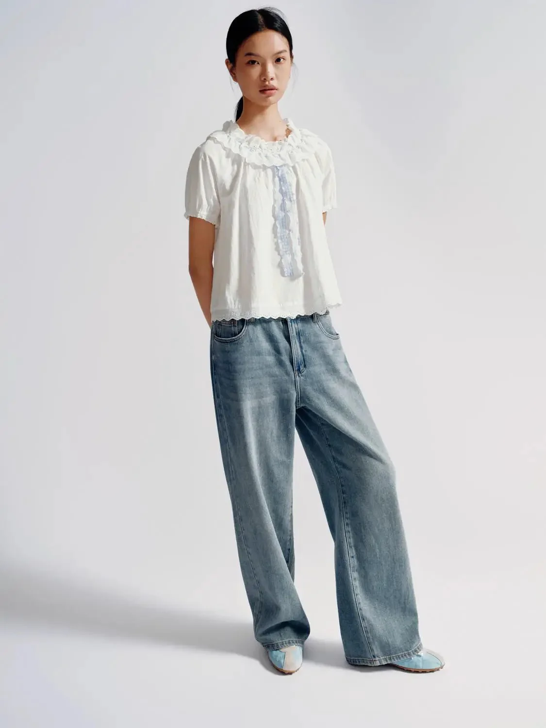 Cotton Lace Trim Ruffle Neck Puff Sleeve Shirts