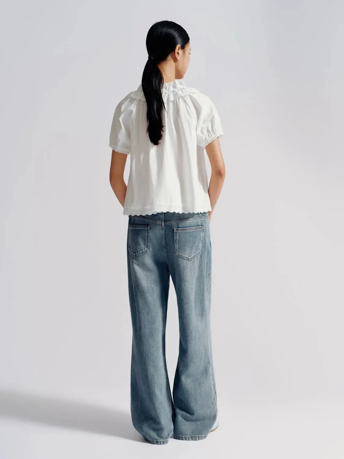 Cotton Lace Trim Ruffle Neck Puff Sleeve Shirts