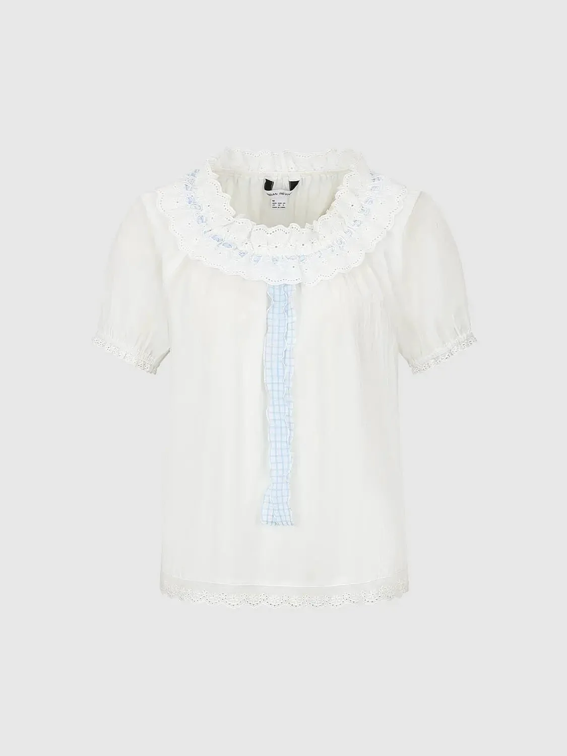 Cotton Lace Trim Ruffle Neck Puff Sleeve Shirts