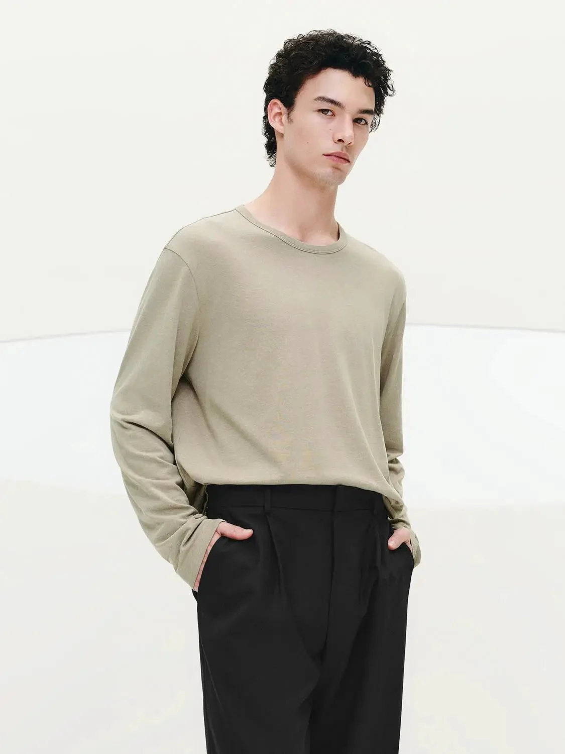 Cotton Lyocell Linen Crew Neck Long Sleeve T Shirt