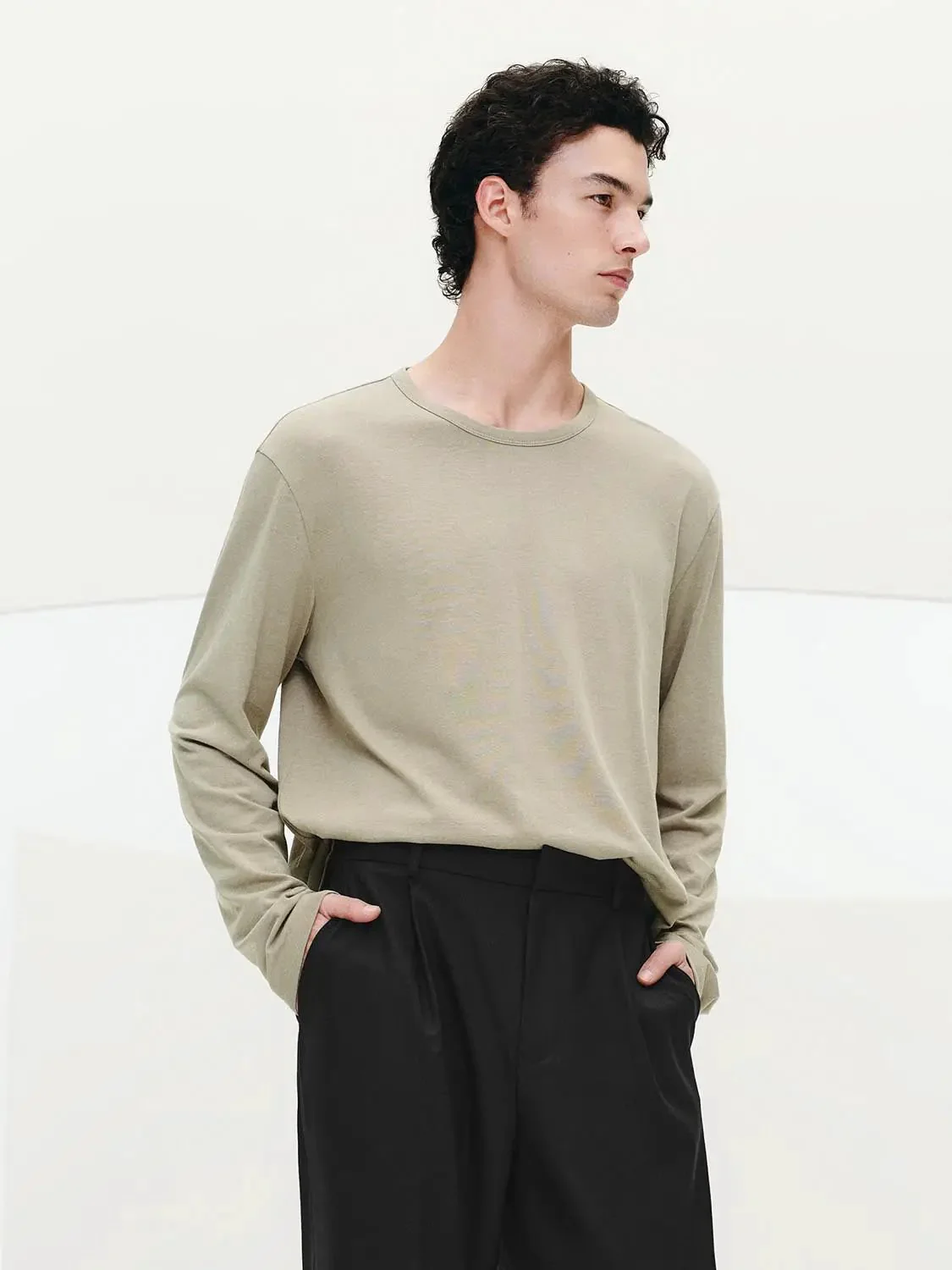 Cotton Lyocell Linen Crew Neck Long Sleeve T Shirt