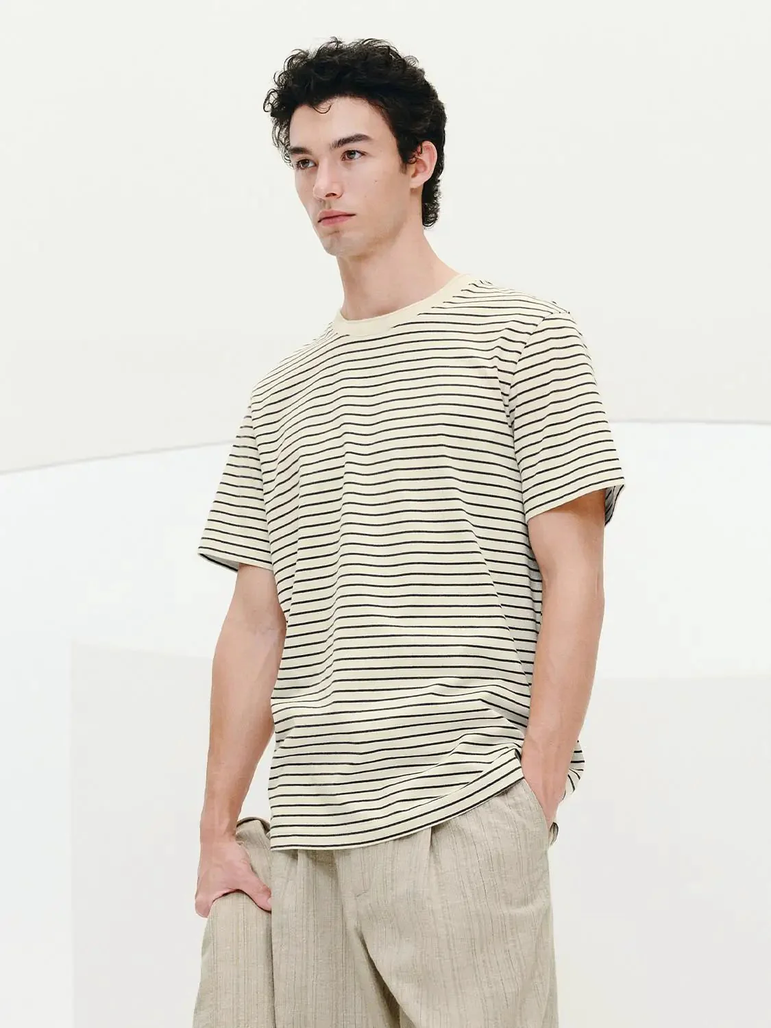 7674-cotton-blend-crew-neck-contrast-striped-t-shirt-1.webp Cotton Blend Crew Neck Contrast Striped T Shirt