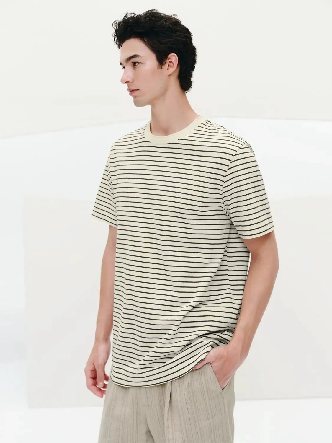 7674-cotton-blend-crew-neck-contrast-striped-t-shirt-2.webp Cotton Blend Crew Neck Contrast Striped T Shirt