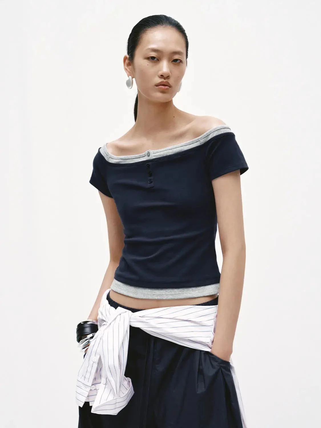 2 In 1 Boat Neck Button Detail Skinny Fit T-Shirts