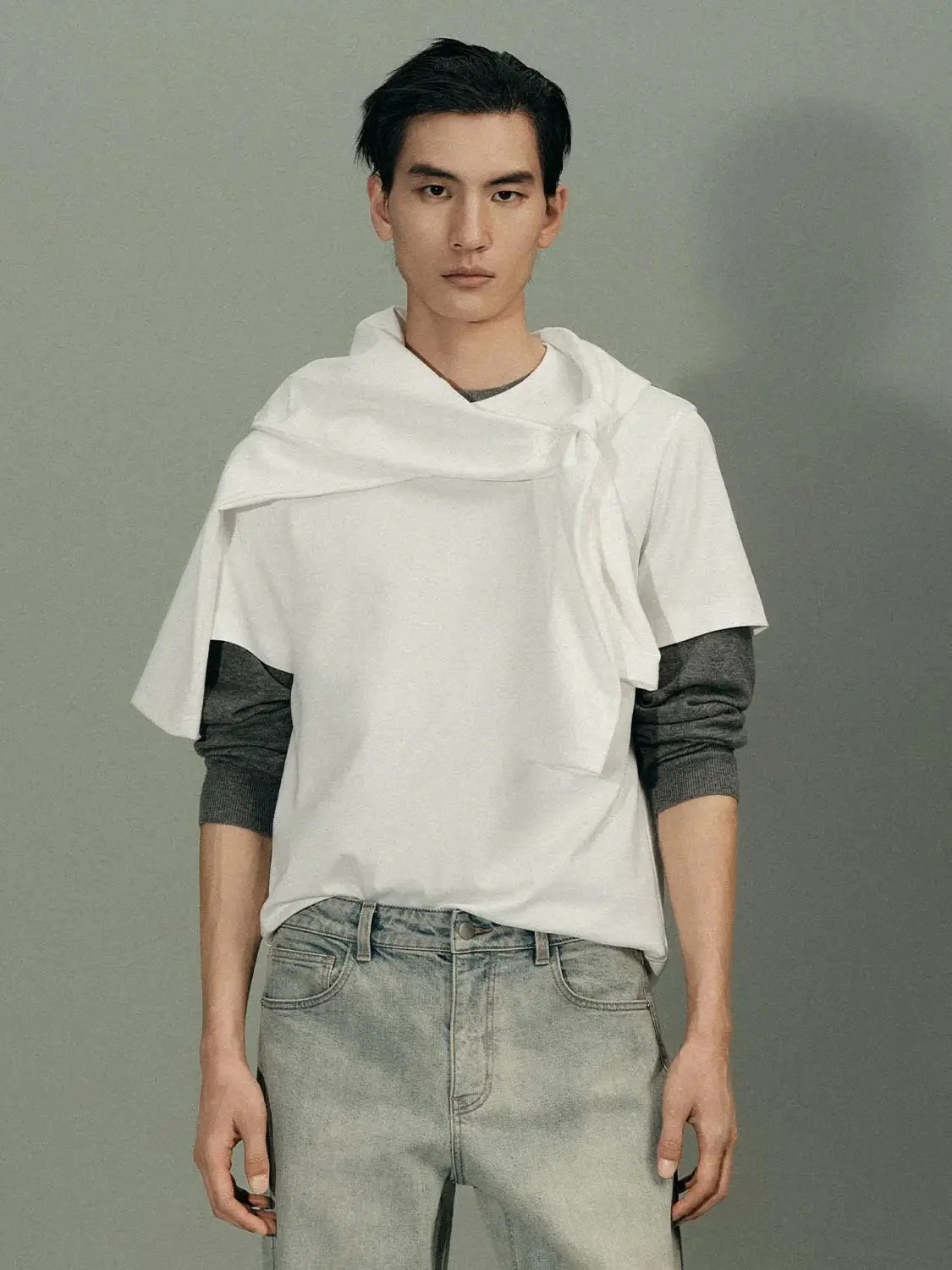 100% Cotton Crew Neck White Scarf Detail T Shirt
