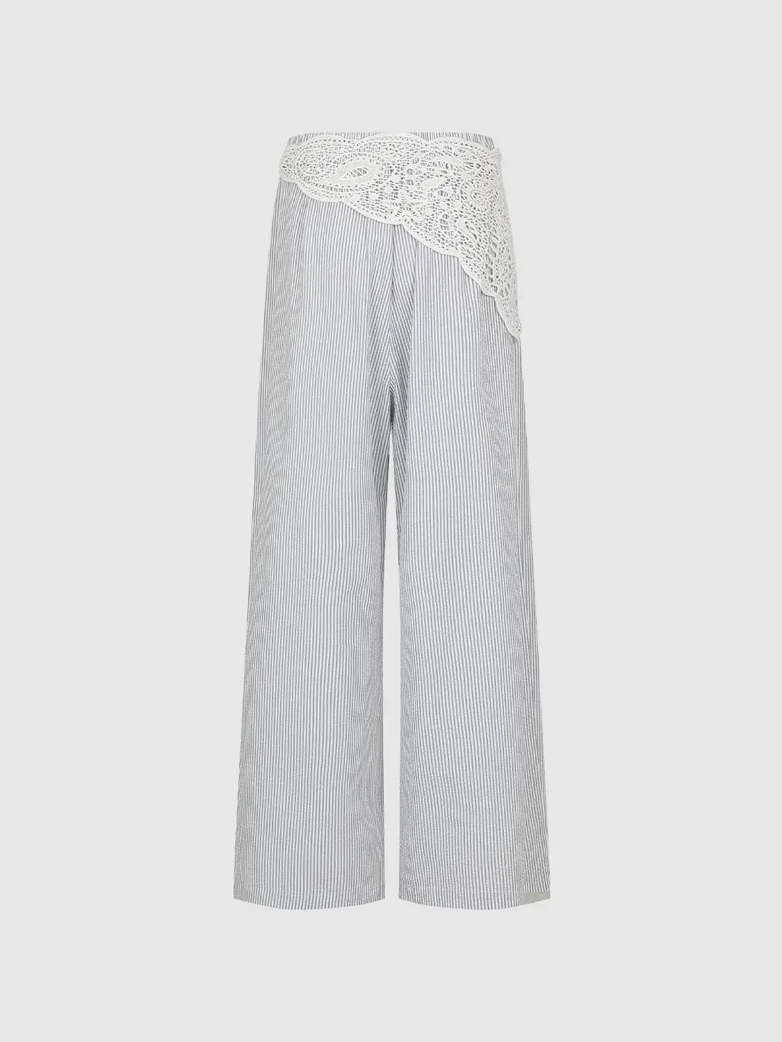 Cotton Striped Wide Leg With Lace Overlay Pants