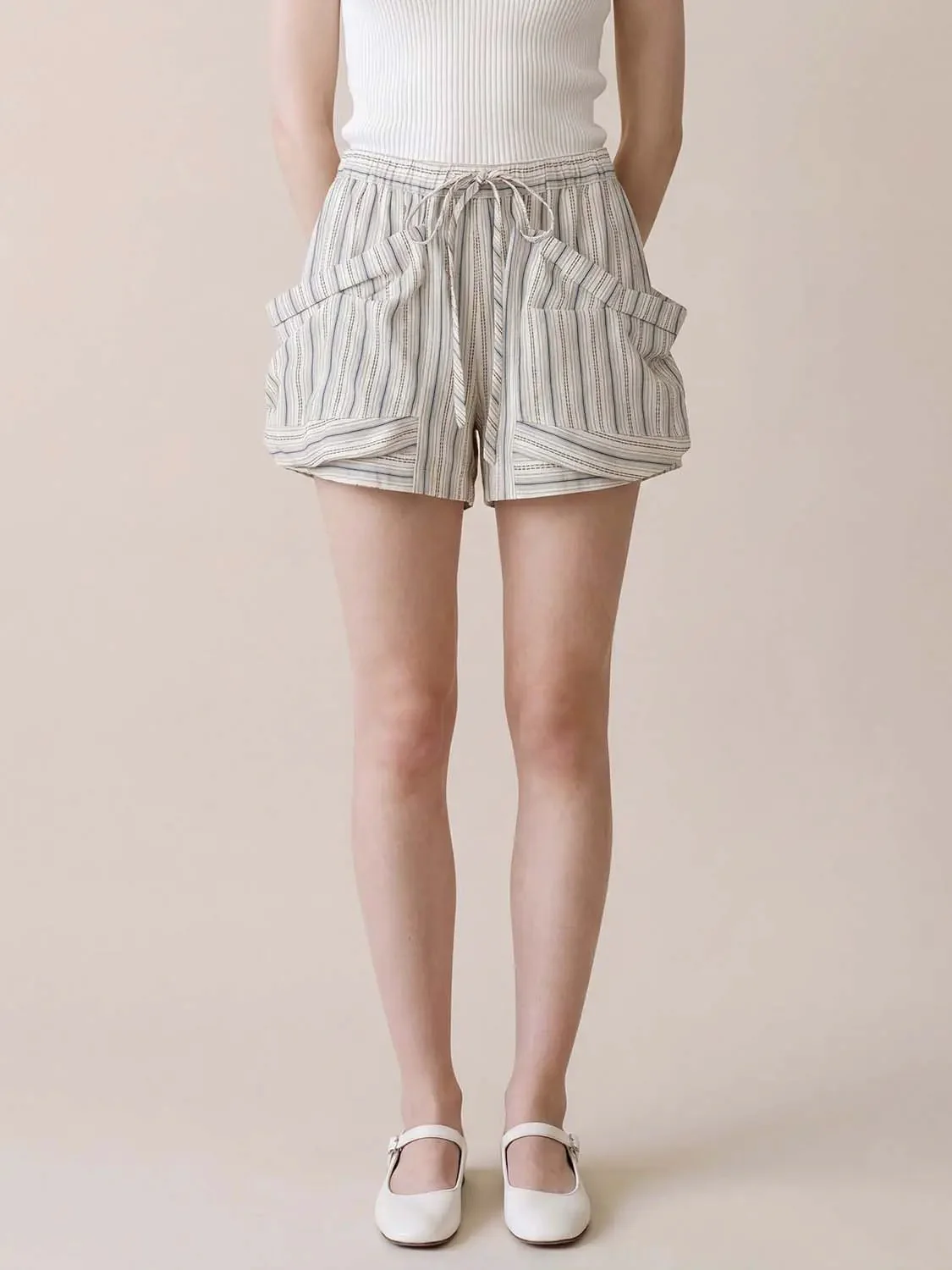 Lightweight Cotton Striped Drawstring Pocket Shorts
