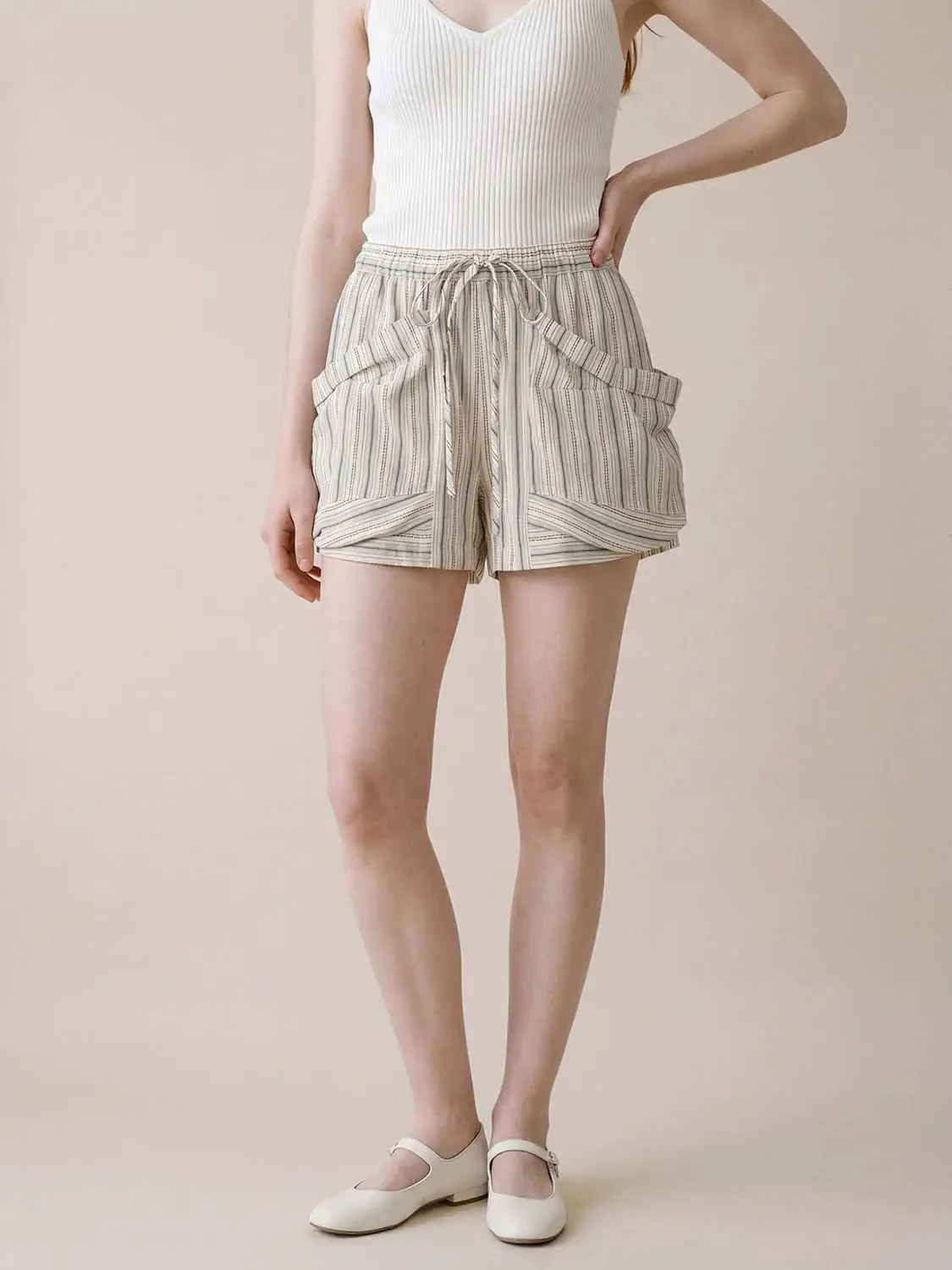 Lightweight Cotton Striped Drawstring Pocket Shorts