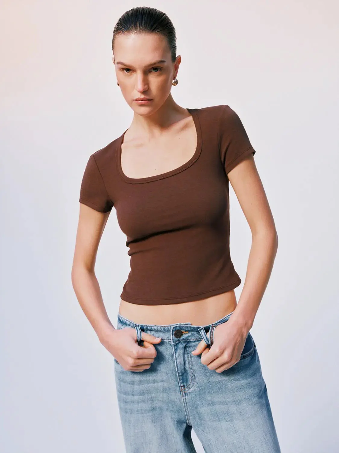 8417-brown-cotton-viscose-elastane-scoop-neck-t-shirts-9.webp Brown Cotton Viscose Elastane Scoop Neck T-Shirts