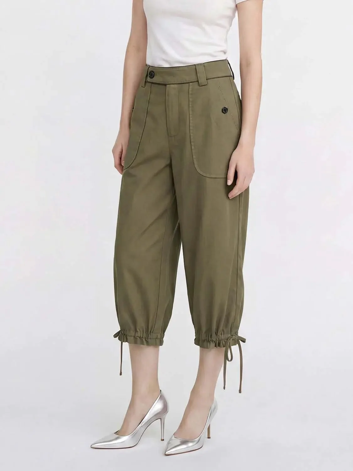 Olive Cotton Cargo With Drawstring Ankles Wide Leg Pants