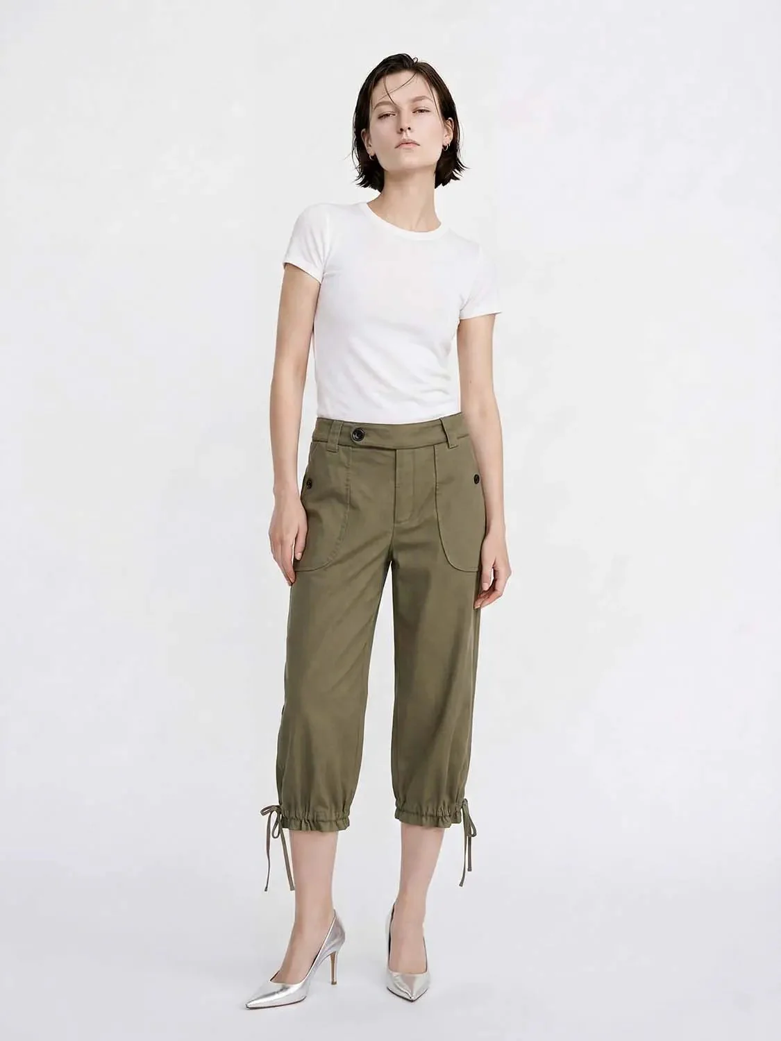 Olive Cotton Cargo With Drawstring Ankles Wide Leg Pants