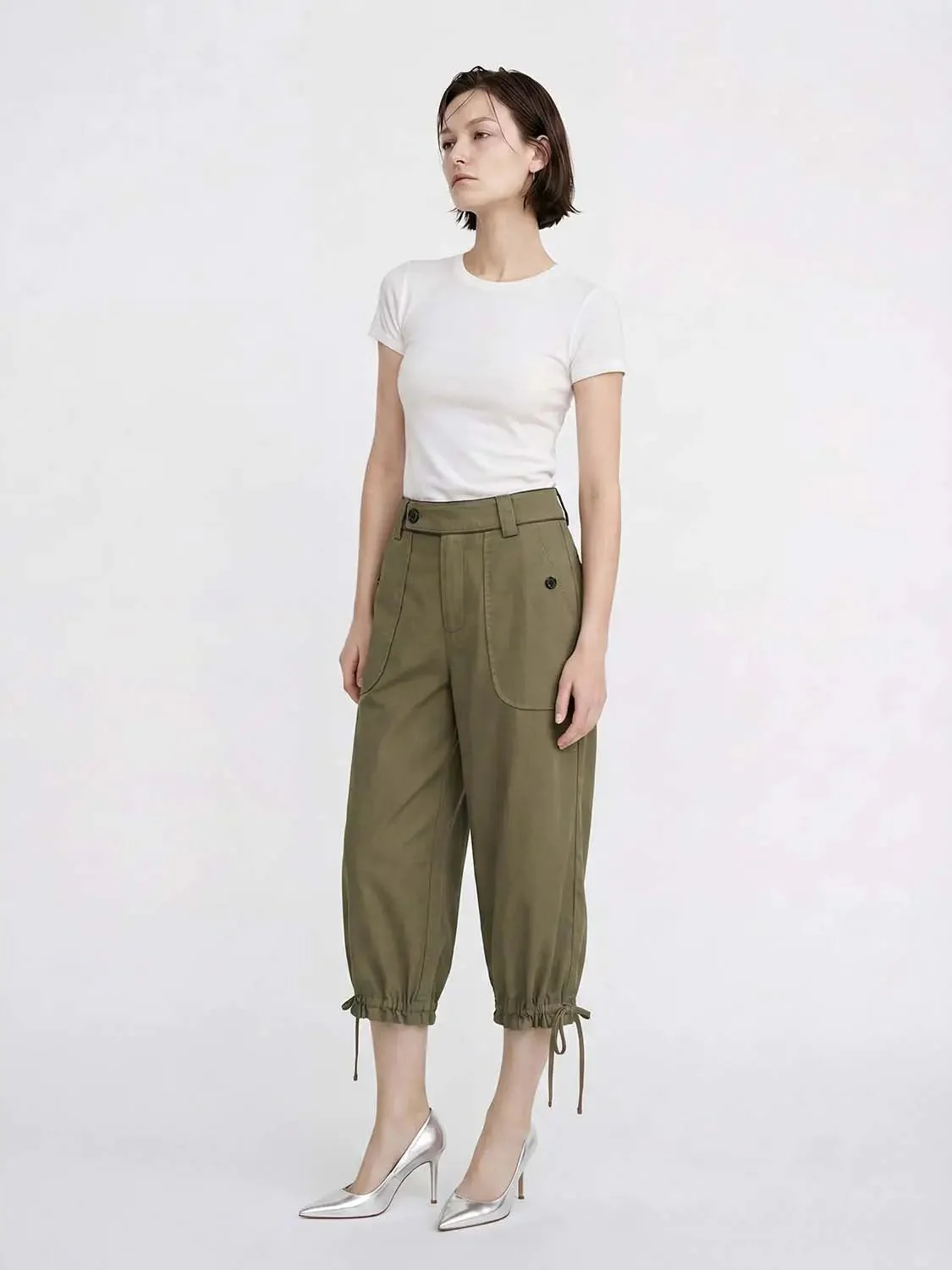 Olive Cotton Cargo With Drawstring Ankles Wide Leg Pants