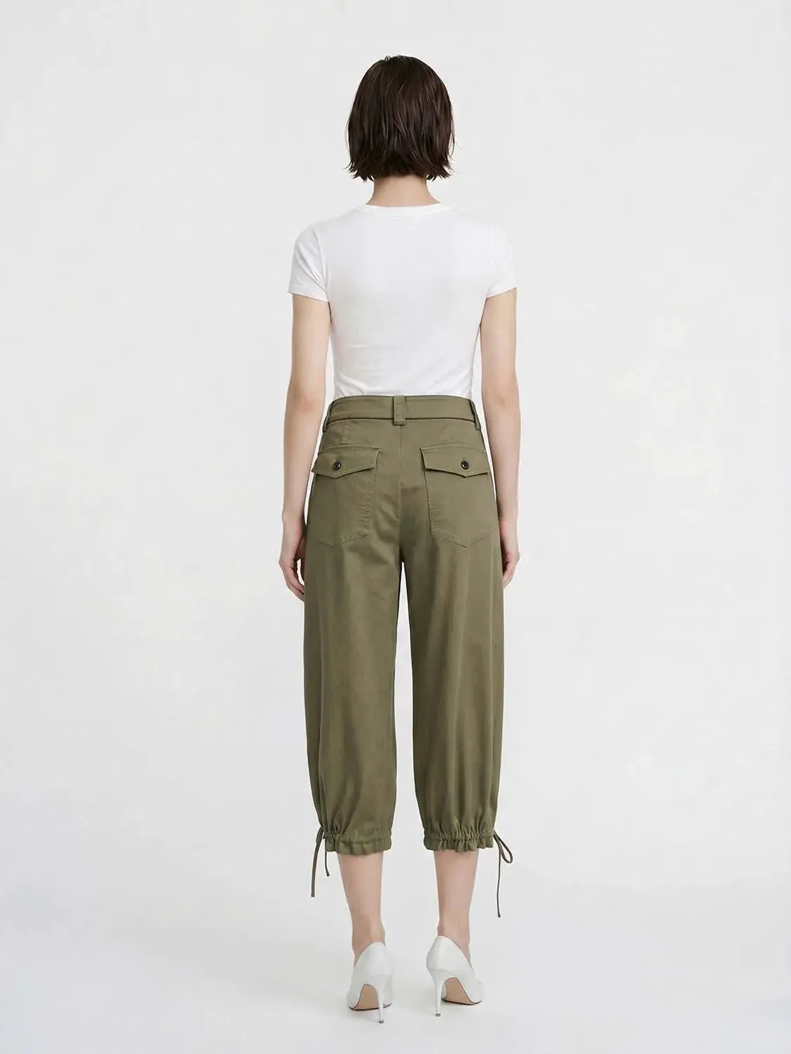 Olive Cotton Cargo With Drawstring Ankles Wide Leg Pants