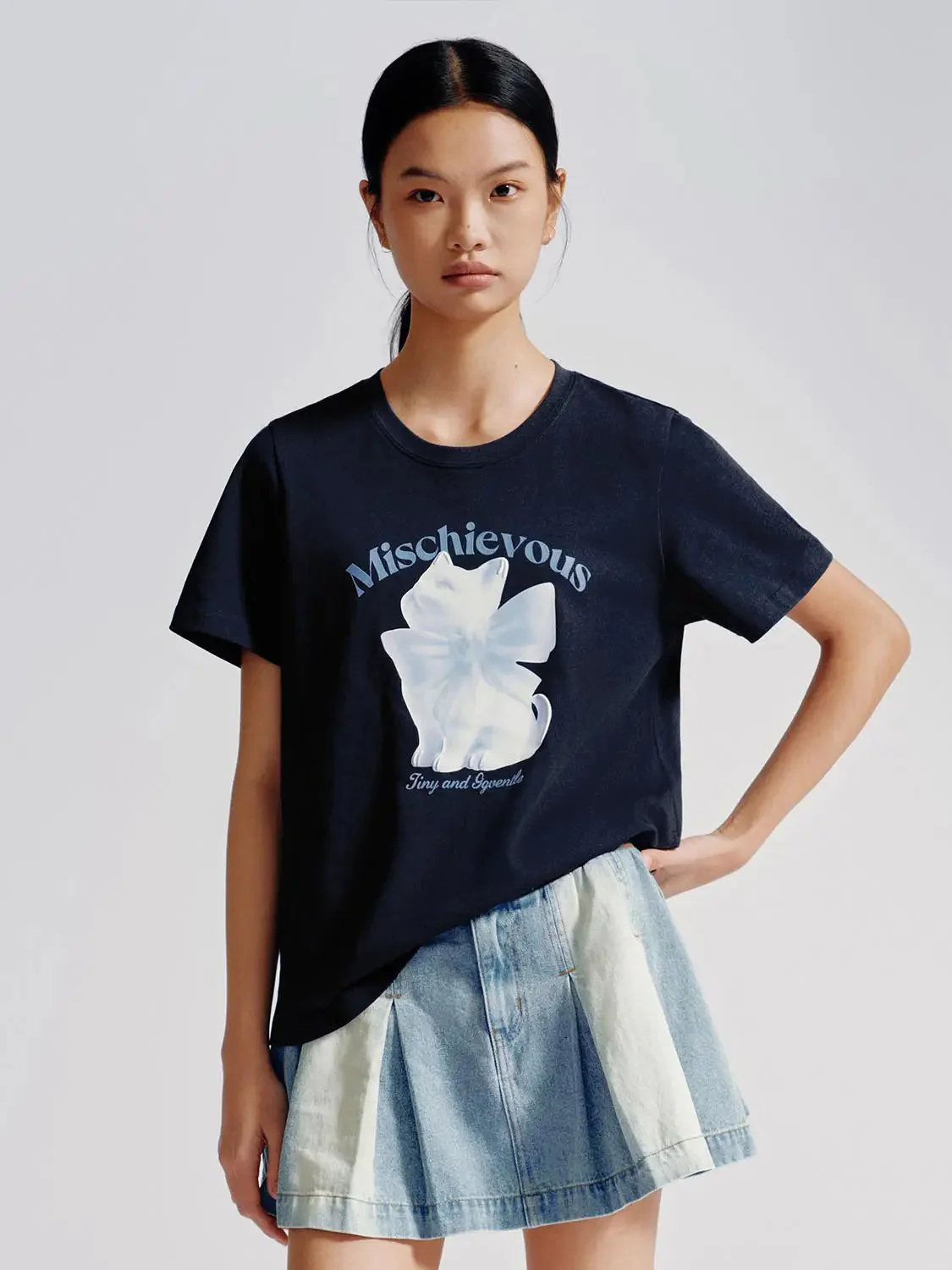 Graphic Mischievous Cat Design Soft Everyday T-Shirts