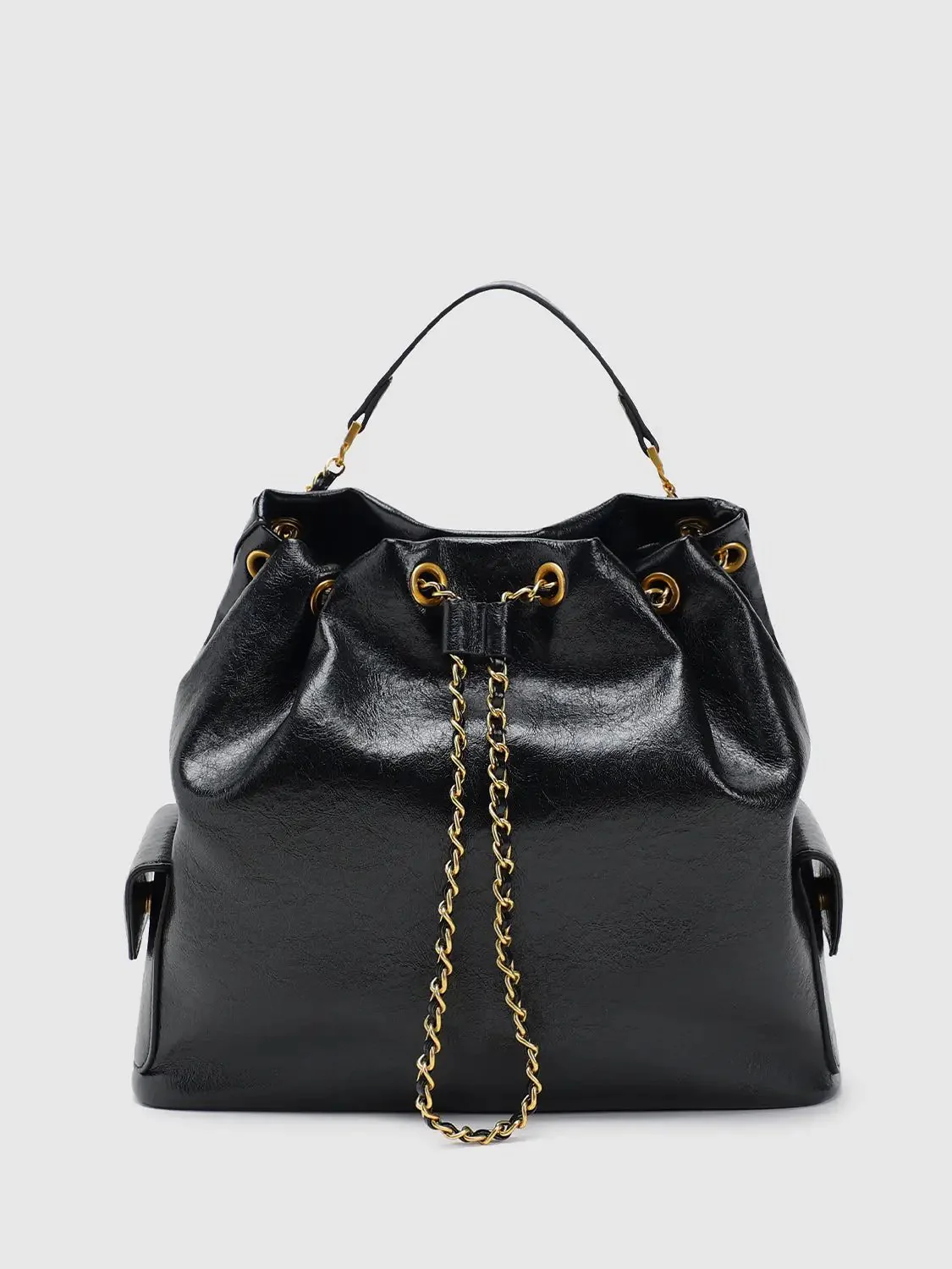 Faux Leather With Gold Chain Drawstring Bucket Bags
