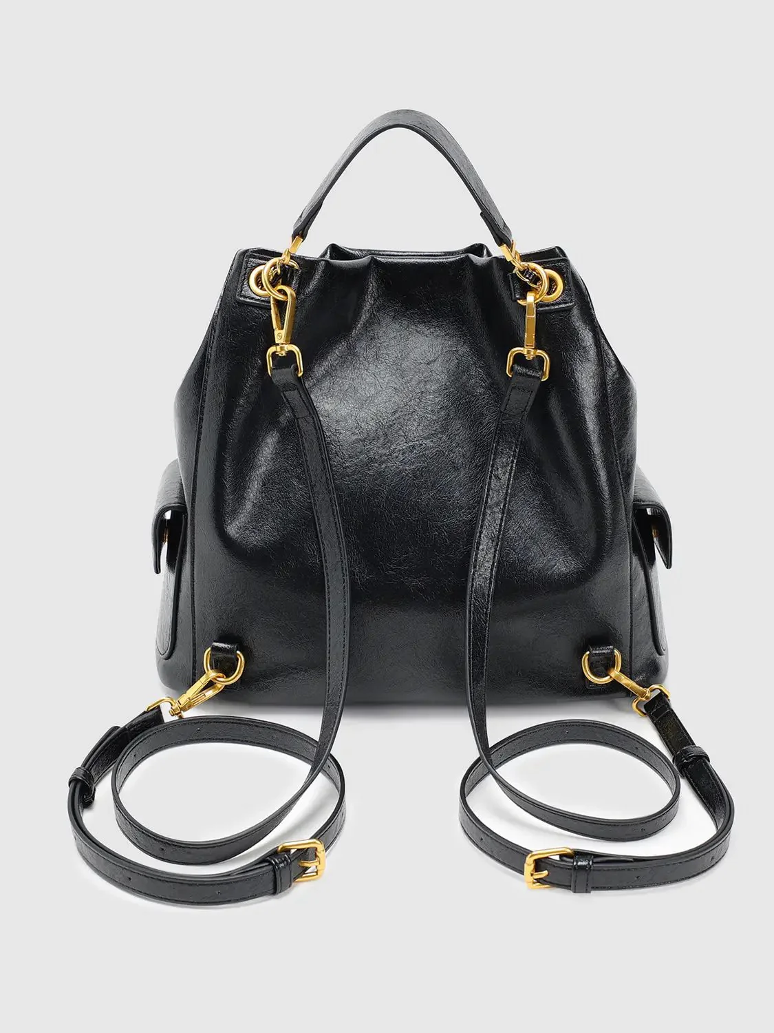 Faux Leather With Gold Chain Drawstring Bucket Bags