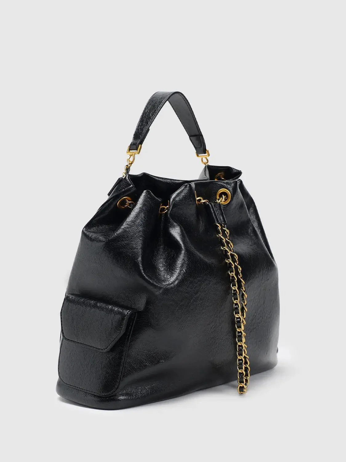 Faux Leather With Gold Chain Drawstring Bucket Bags
