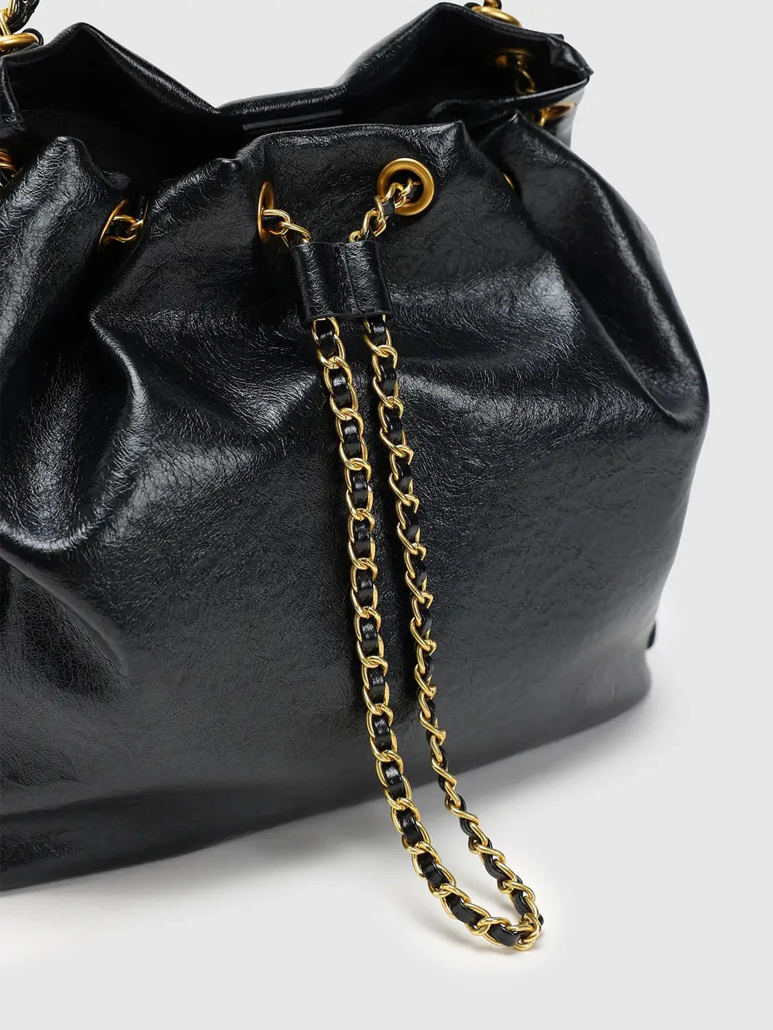 Faux Leather With Gold Chain Drawstring Bucket Bags