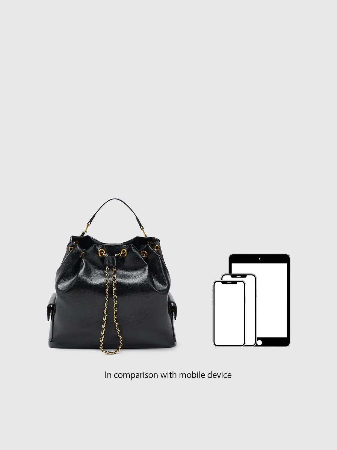 Faux Leather With Gold Chain Drawstring Bucket Bags