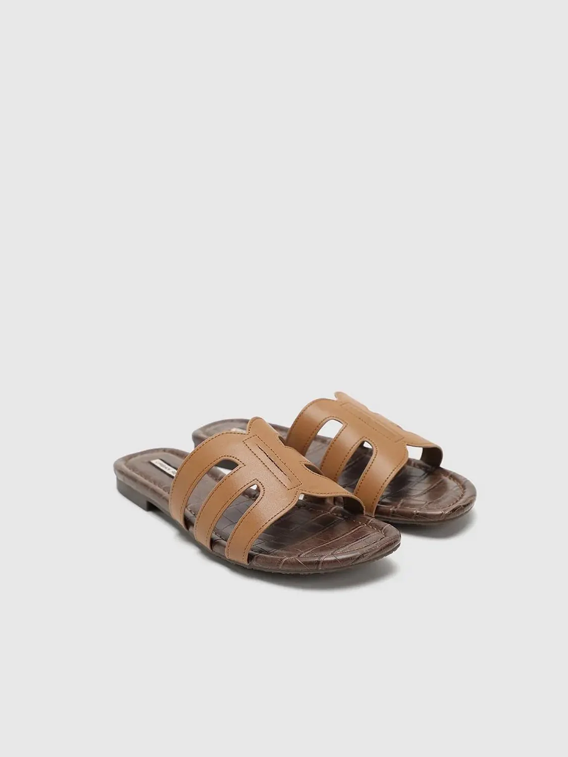 Tan Synthetic Leather Strappy Slide Sandals Slippers