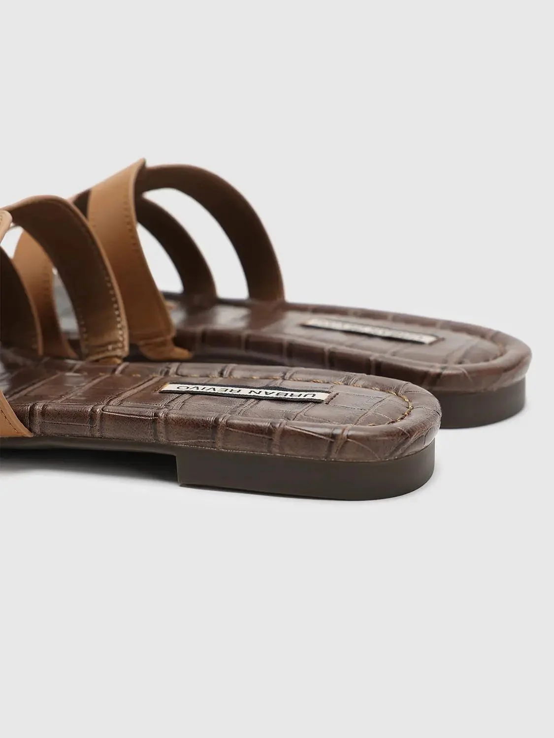 Tan Synthetic Leather Strappy Slide Sandals Slippers