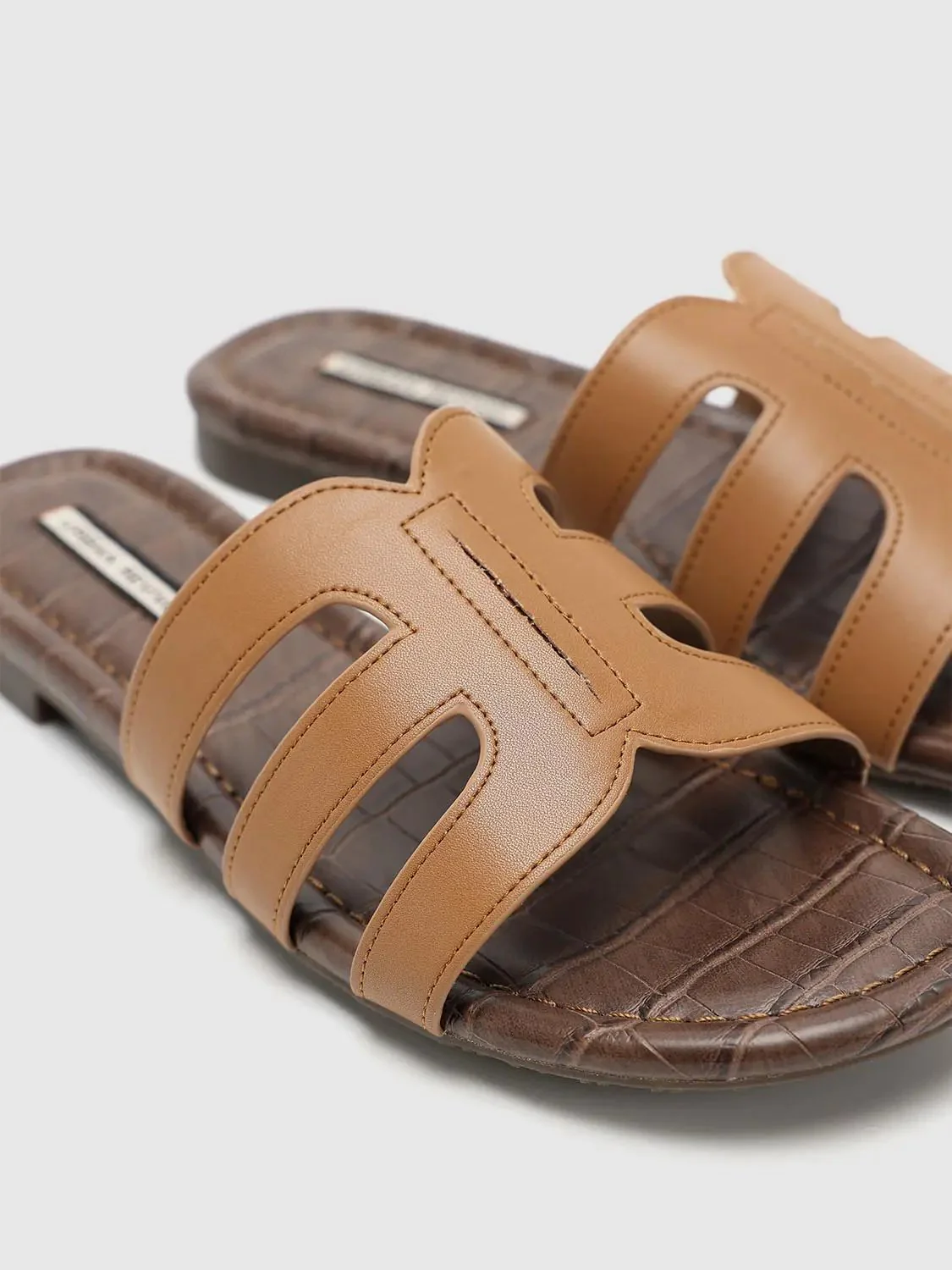Tan Synthetic Leather Strappy Slide Sandals Slippers