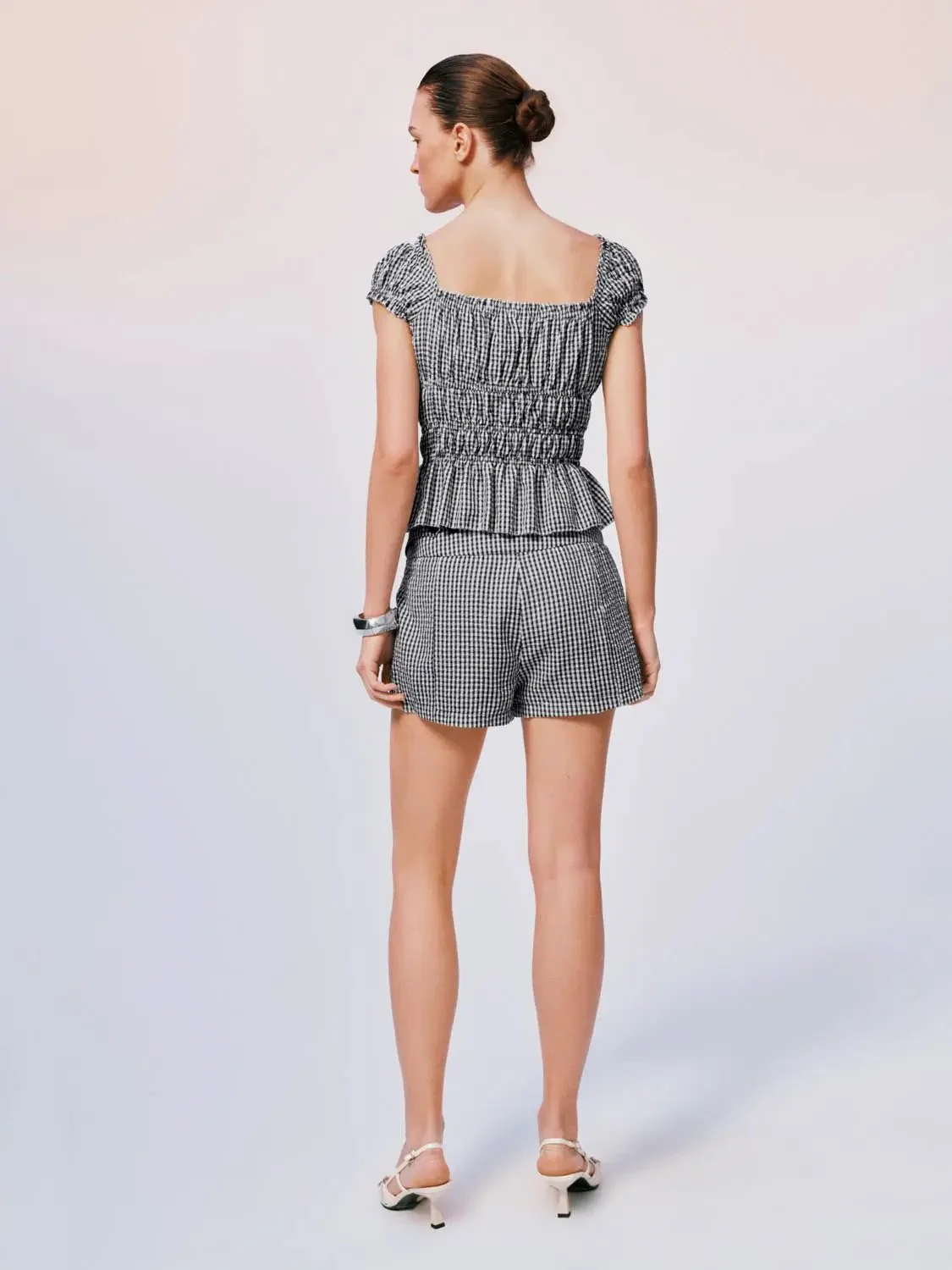 8828-gingham-polyester-shirred-peplum-ruffle-cap-sleeve-overhead-shirts-6.webp Gingham Polyester Shirred Peplum Ruffle Cap Sleeve Overhead Shirts