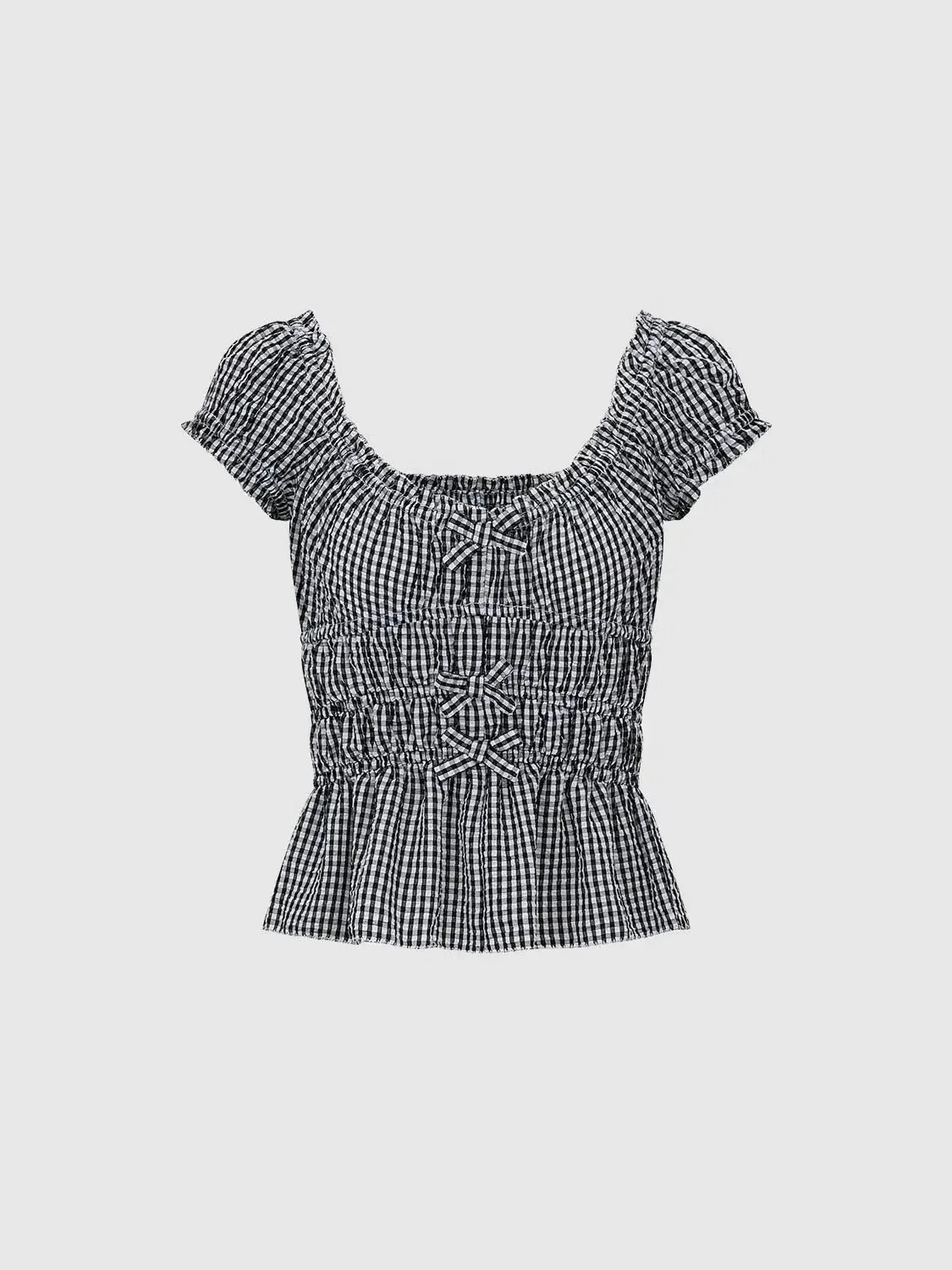 8828-gingham-polyester-shirred-peplum-ruffle-cap-sleeve-overhead-shirts-7.webp Gingham Polyester Shirred Peplum Ruffle Cap Sleeve Overhead Shirts