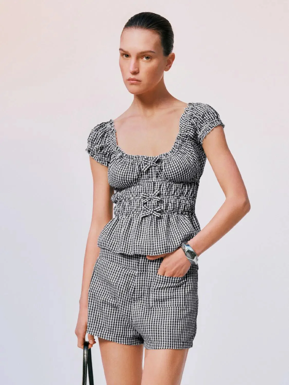 8828-gingham-polyester-shirred-peplum-ruffle-cap-sleeve-overhead-shirts-9.webp Gingham Polyester Shirred Peplum Ruffle Cap Sleeve Overhead Shirts