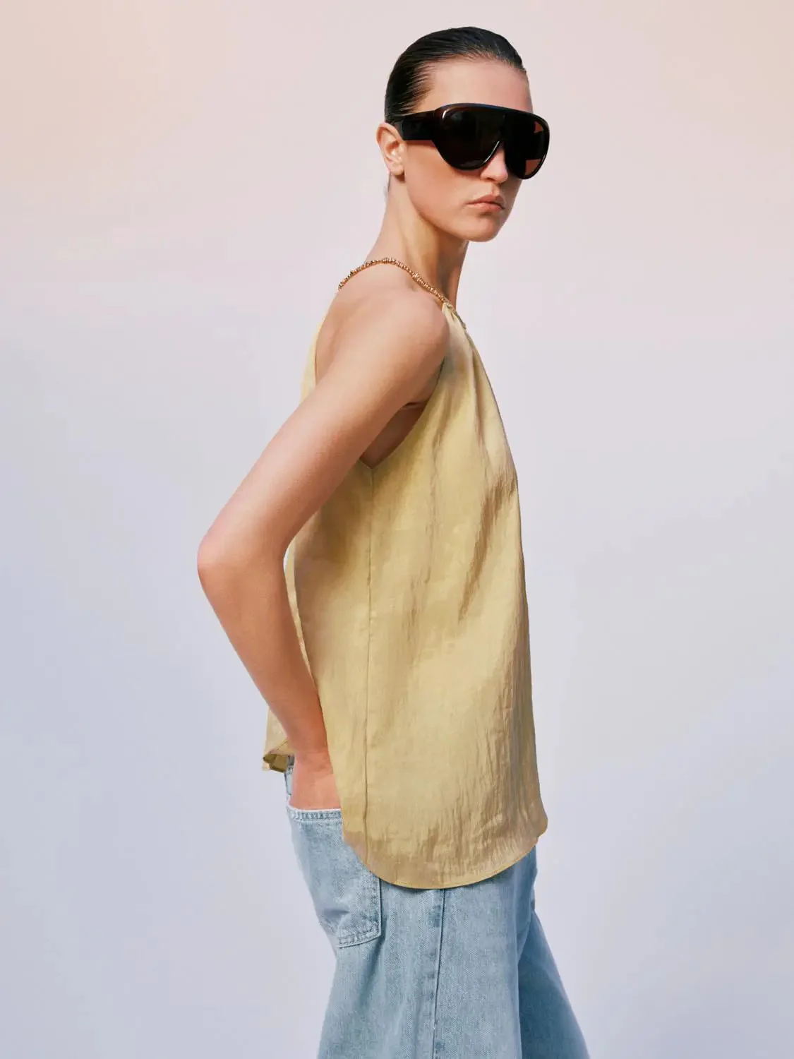 Lyocell Polyamide Blend Gathered Neckline Halter Cami Tops