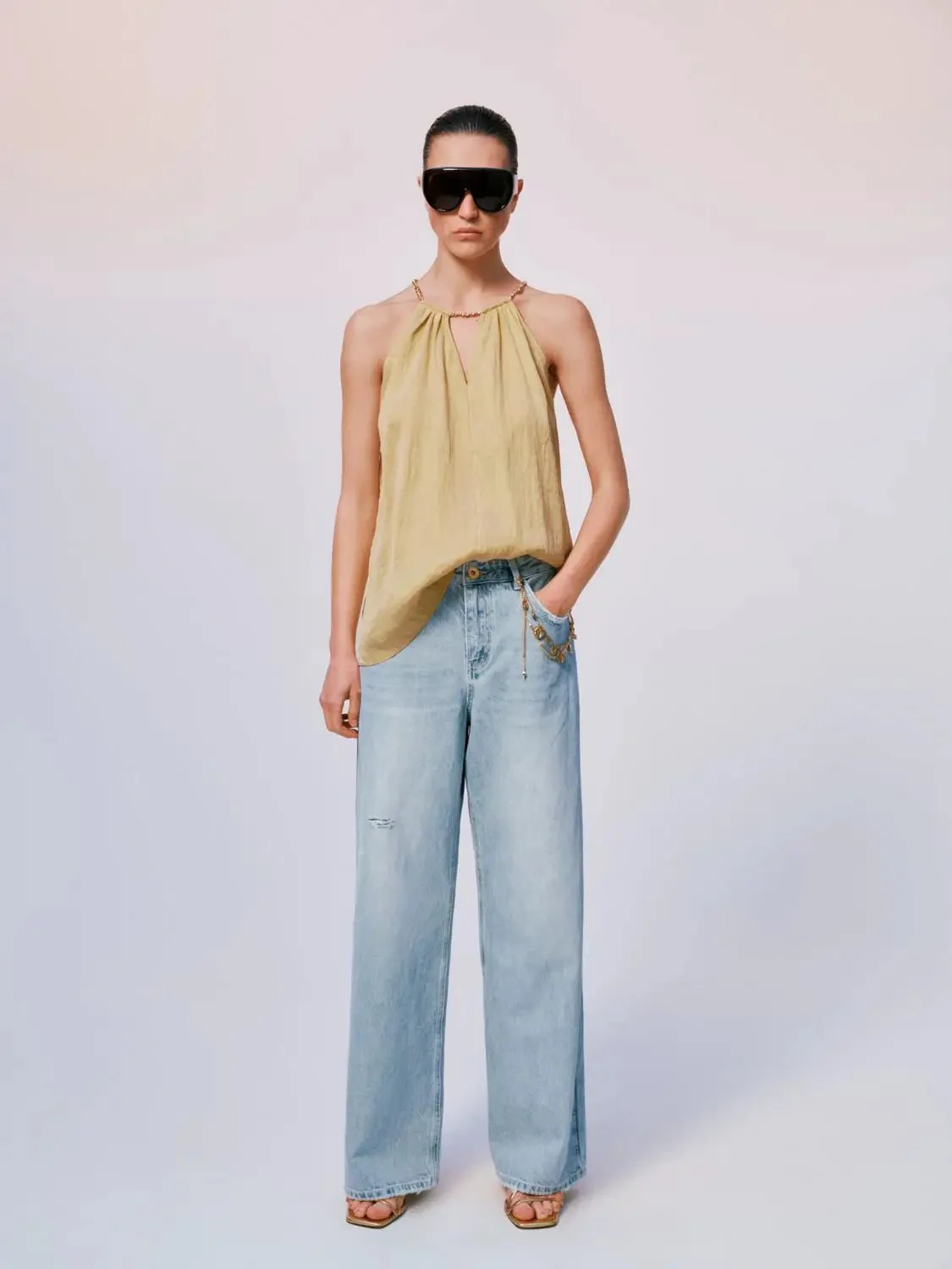 Lyocell Polyamide Blend Gathered Neckline Halter Cami Tops