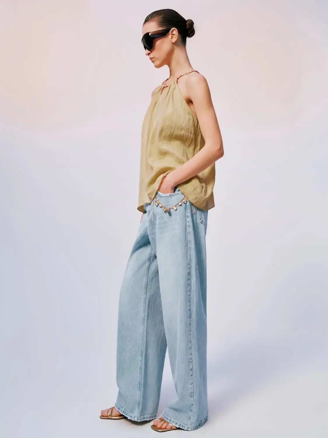 Lyocell Polyamide Blend Gathered Neckline Halter Cami Tops