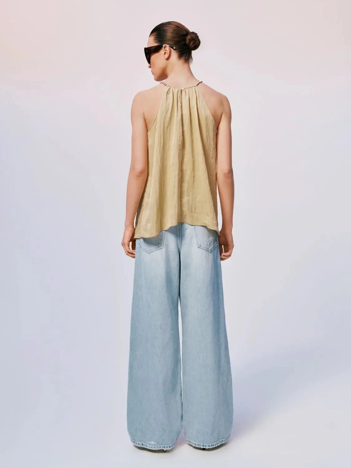 Lyocell Polyamide Blend Gathered Neckline Halter Cami Tops